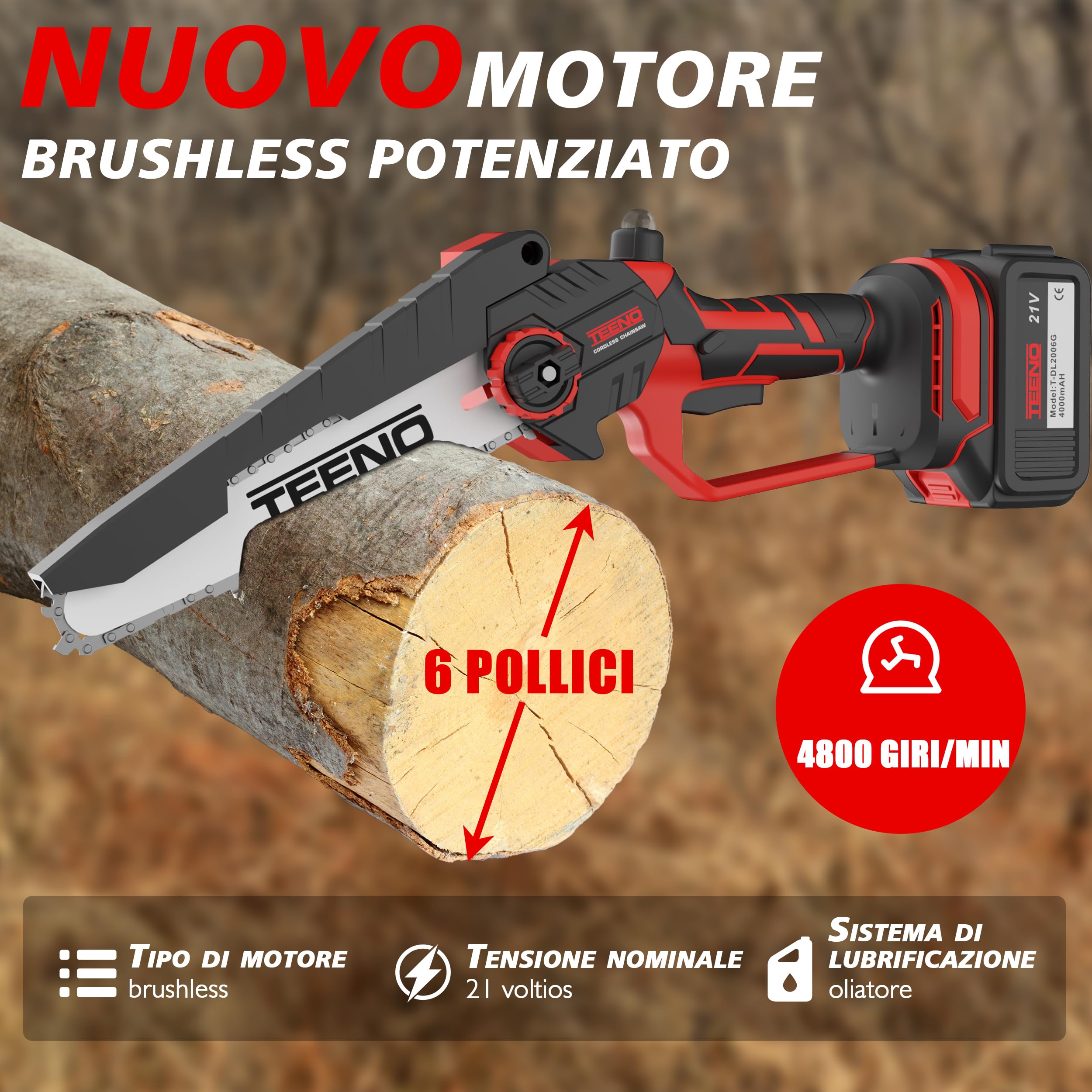 TEENO Segatrice elettrica,segatrice elettrica 2 in 1,asta telescopica | staccabile,regolazione a 180°,6 pollici,2 batterie da 4000 mAh,2 piastre di guida,2 catene