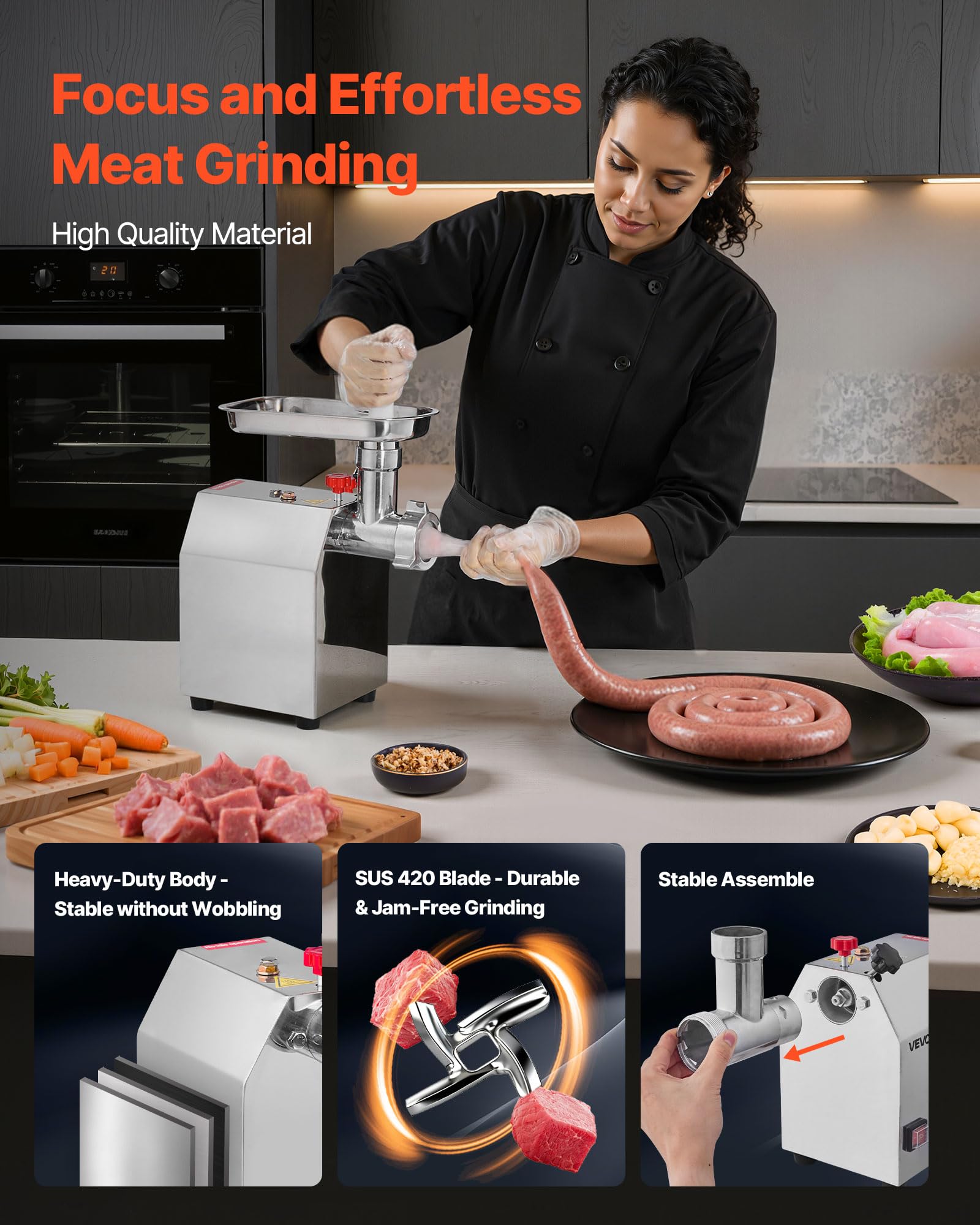 VEVOR Tritacarne Elettrico Capacità 2,04 kg/min, Tritacarne da Tavolo da 600 W con Lama Piastra di Macinazione, Macchina per Salsicce Commerciale in Acciaio Inox per Cucina Ristorante Hotel