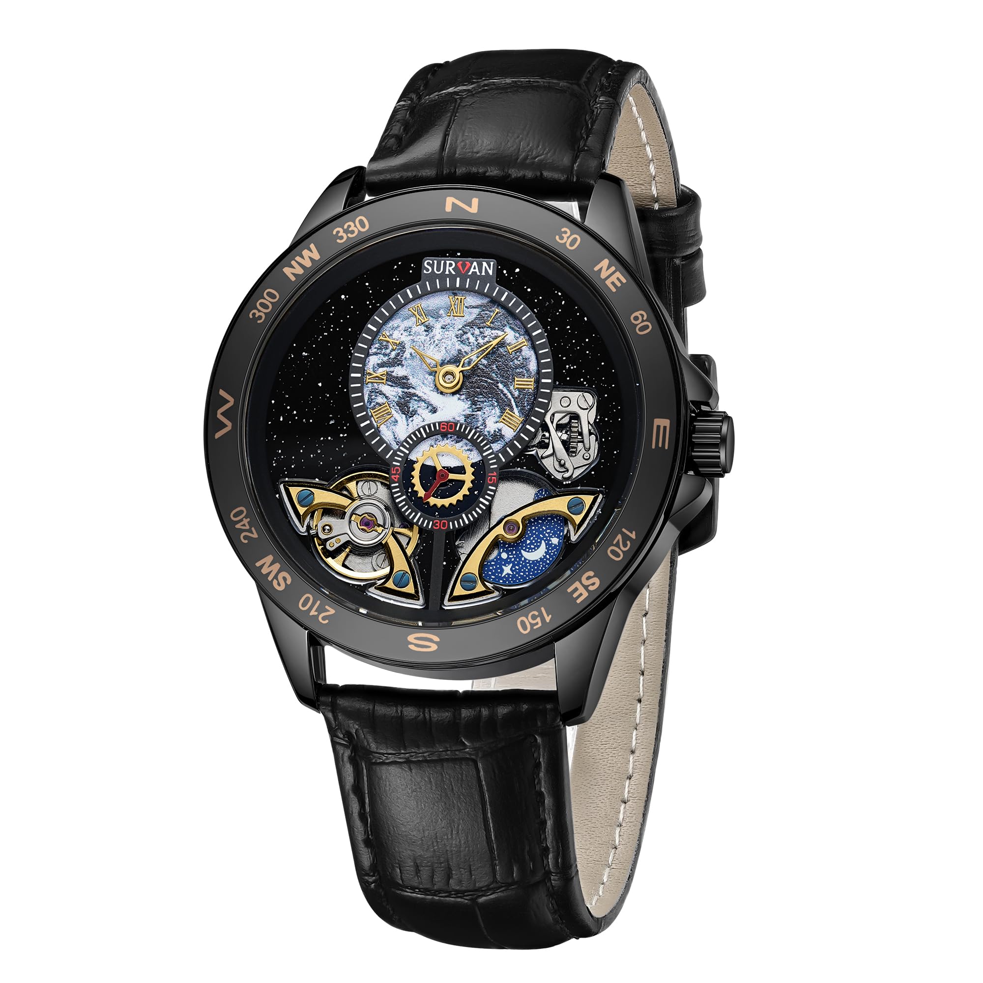 SURVAN WatchDesigner Reloj Mecánico Automático para Hombre Esfera Esqueleto Multifuncional Estilo Vintage Elegante Impermeable