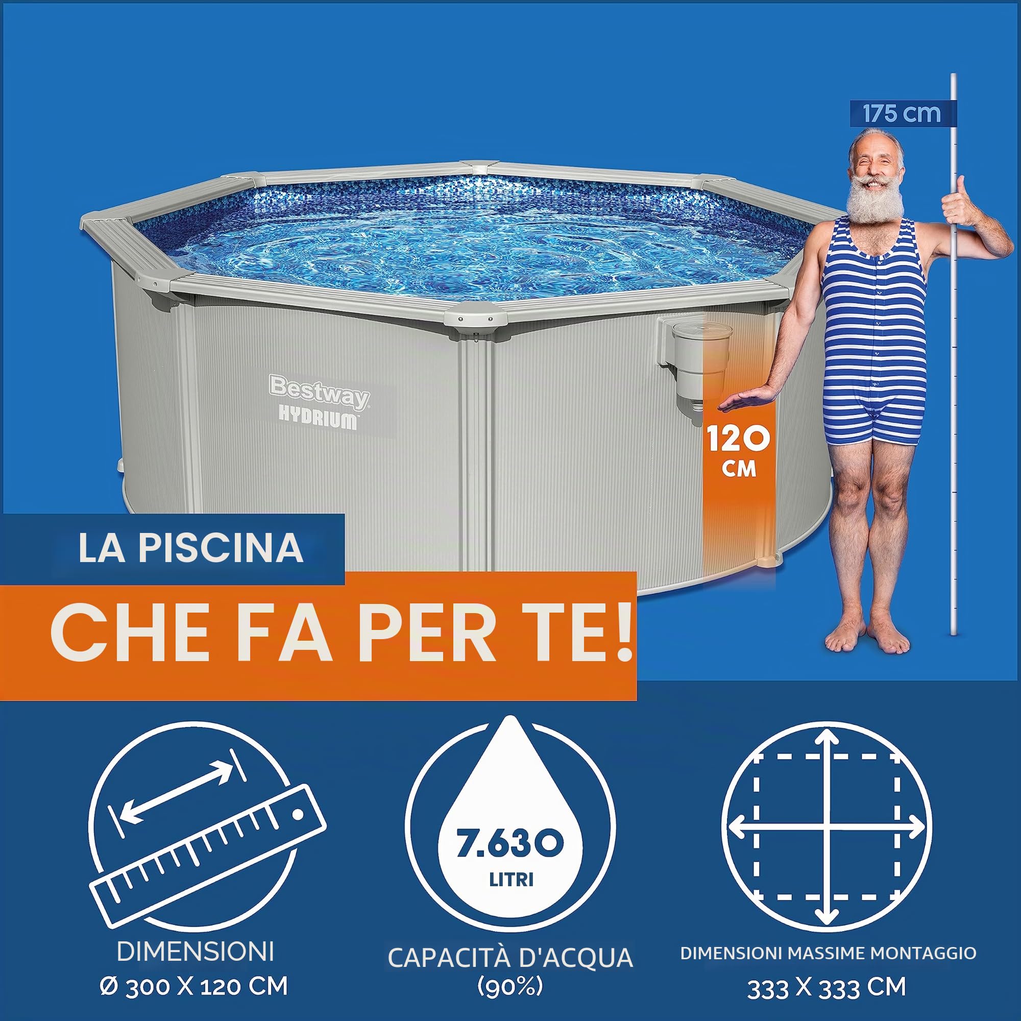 Bestway Hydrium, piscina a parete in acciaio, set completo con impianto di filtraggio a sabbia, Ø 300 x 120 cm, grigio, rotondo