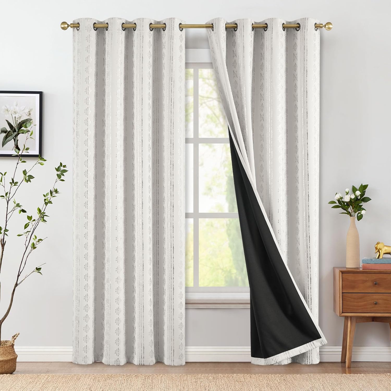 jinchan 100% Blackout Boho Curtains 90 Inches Long for Bedroom Living Room Silver Geometric Foil Printed Grommet Top Room Darkening Thermal Insulated Window Drapes Off White 52x90 2 Panels 52"W x 90"L (Pack of 2) Boho | Silver on Off White
