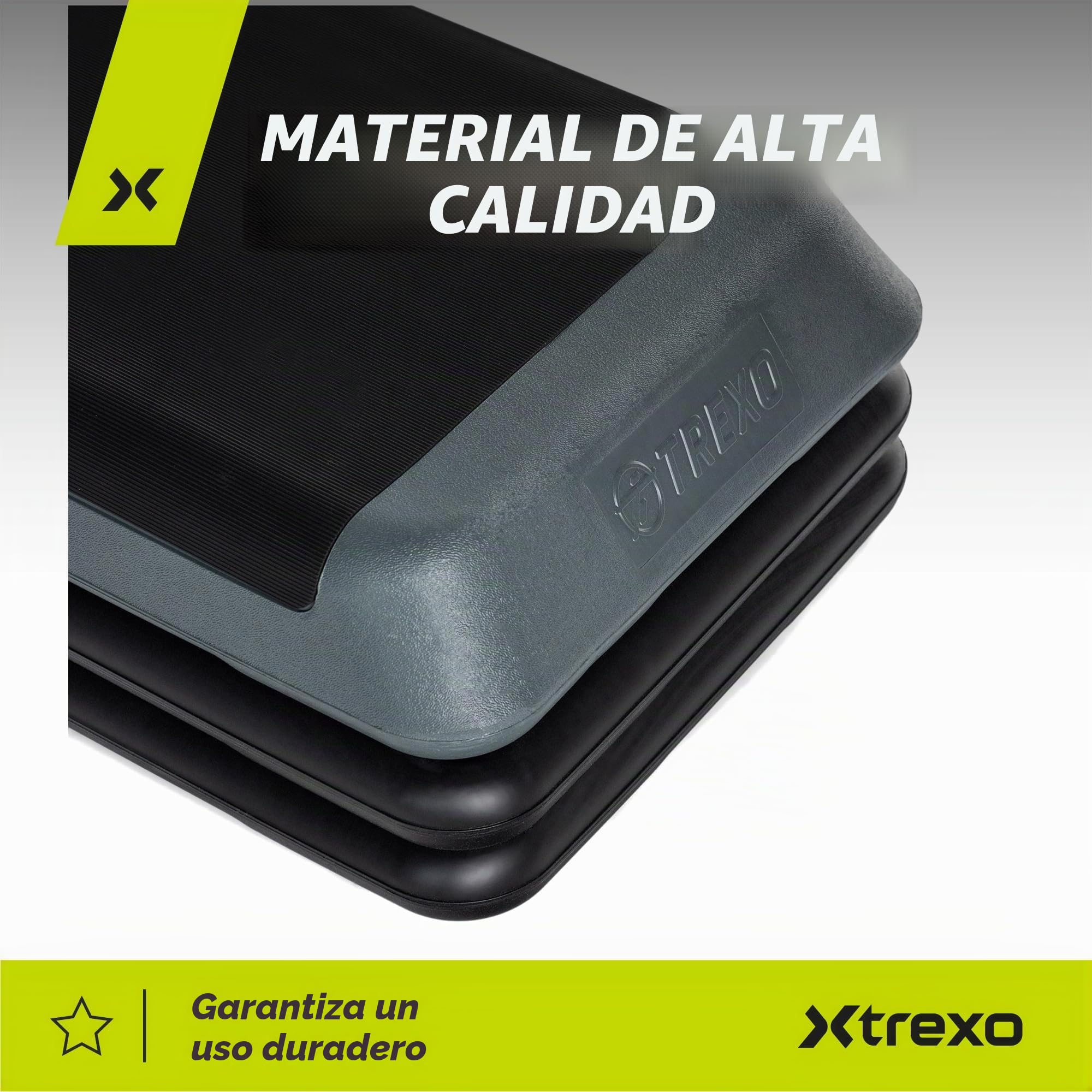 TREXO Aerobic Step para Ejercicios Cardio Fitness Altura Ajustable 10-15-20 cm Superficie Grande 109 x 41 cm Materiales Duraderos de Alta Calidad Entrenamiento Hasta 250 kg VERDE|NARANJA|MORADO