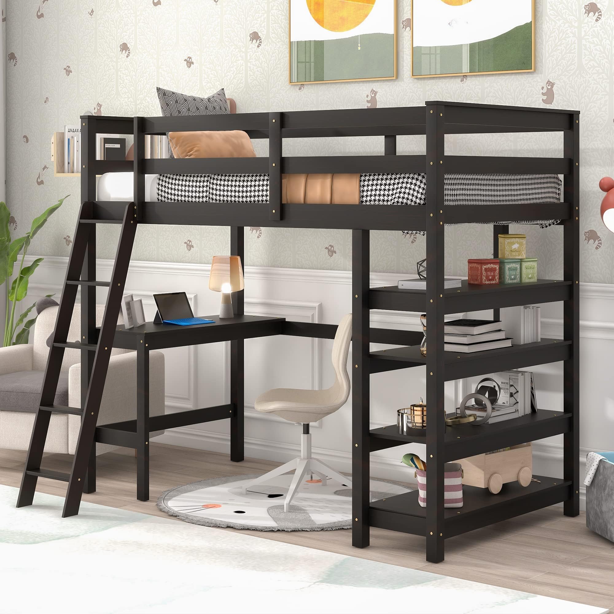 Harper & Bright Designs Twin Size Loft Bed with Desk Underneath Twin Loft Bed with Shelves and Ladder, Wood Loft Bed Twin for Kids Girls Boys,Espresso