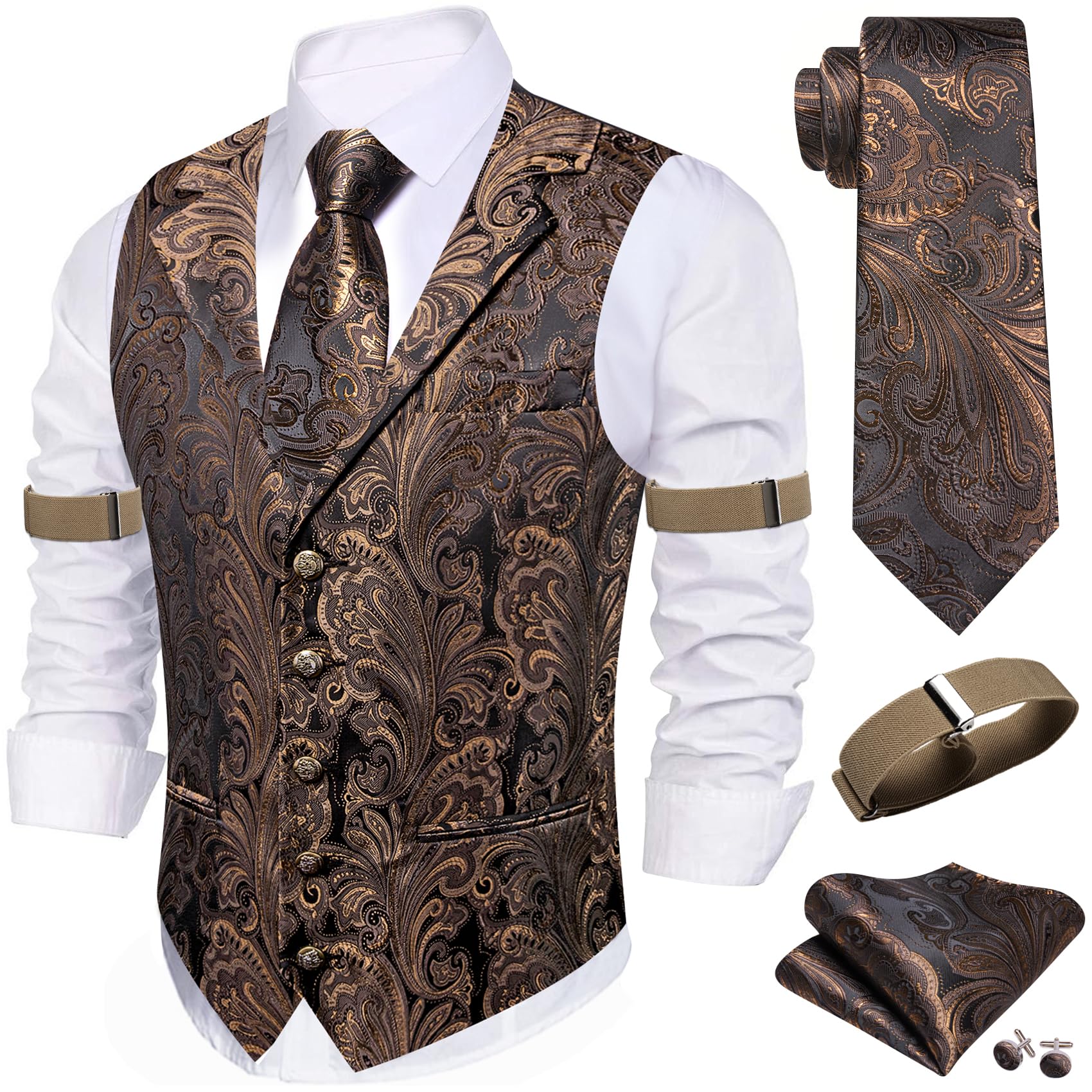 Barry.Wang Mens Silk Paisley/Floral Suit Vest Tie Sleeve Holder Set 5PCS