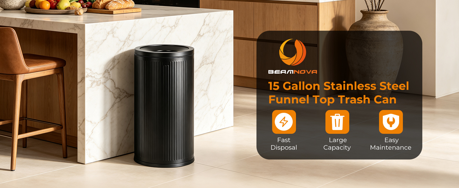 Image of BEAMNOVA 15Gal Open Top Trash Can, Stainless Steel, 15 * 30.1 in Black