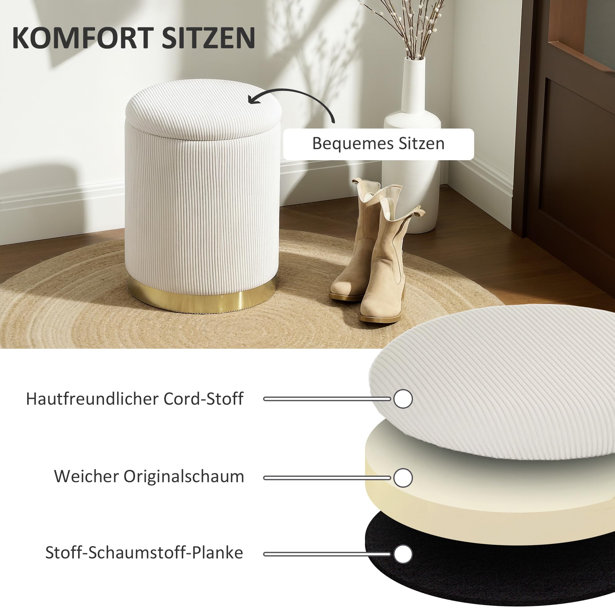 HOMCOM Sitzhocker mit Stauraum Stahlboden 36 x 36 x 44 cm Cremeweiß | Hocker mit Deckel, Runder Fußhocker, Polsterhocker mit Fußpads, Kordoptik