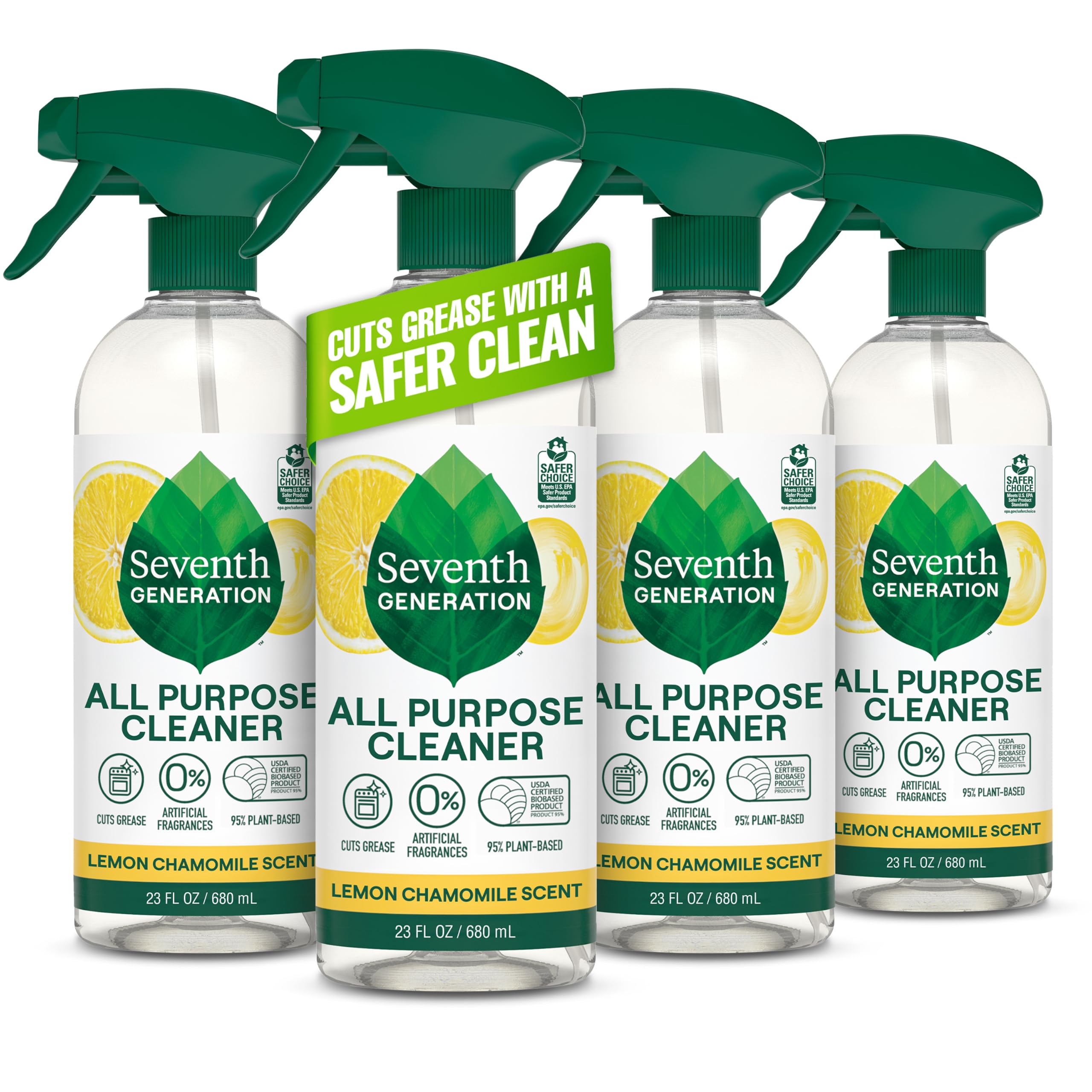 Seventh Generation All Purpose Cleaning Spray Surface Cleaner Lemon Chamomile scent Cuts Grease 23 oz, Pack of 4