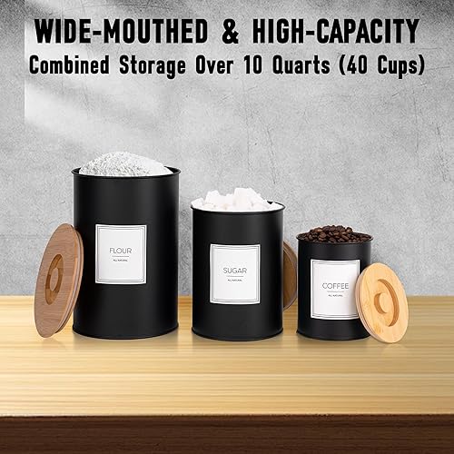 Miniatura 7 de Juego de 3 recipientes para encimera de cocina, recipientes de cocina de metal negro, recipientes de almacenamiento de harina y azúcar con tapa