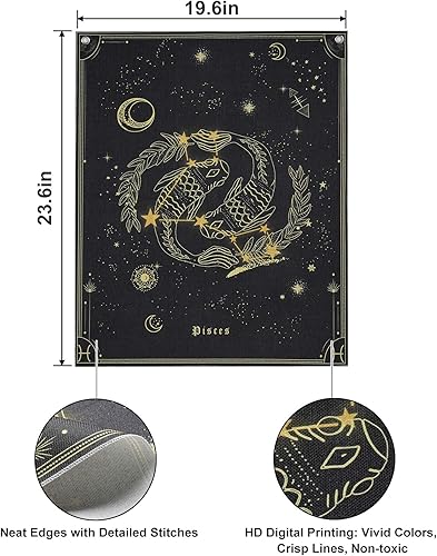Miniatura 6 de Pocass Tapiz de Constelación de Piscis para colgar en la pared, tapiz de cartas del tarot del zodiaco negro y dorado, tapices de pared con ojales de
