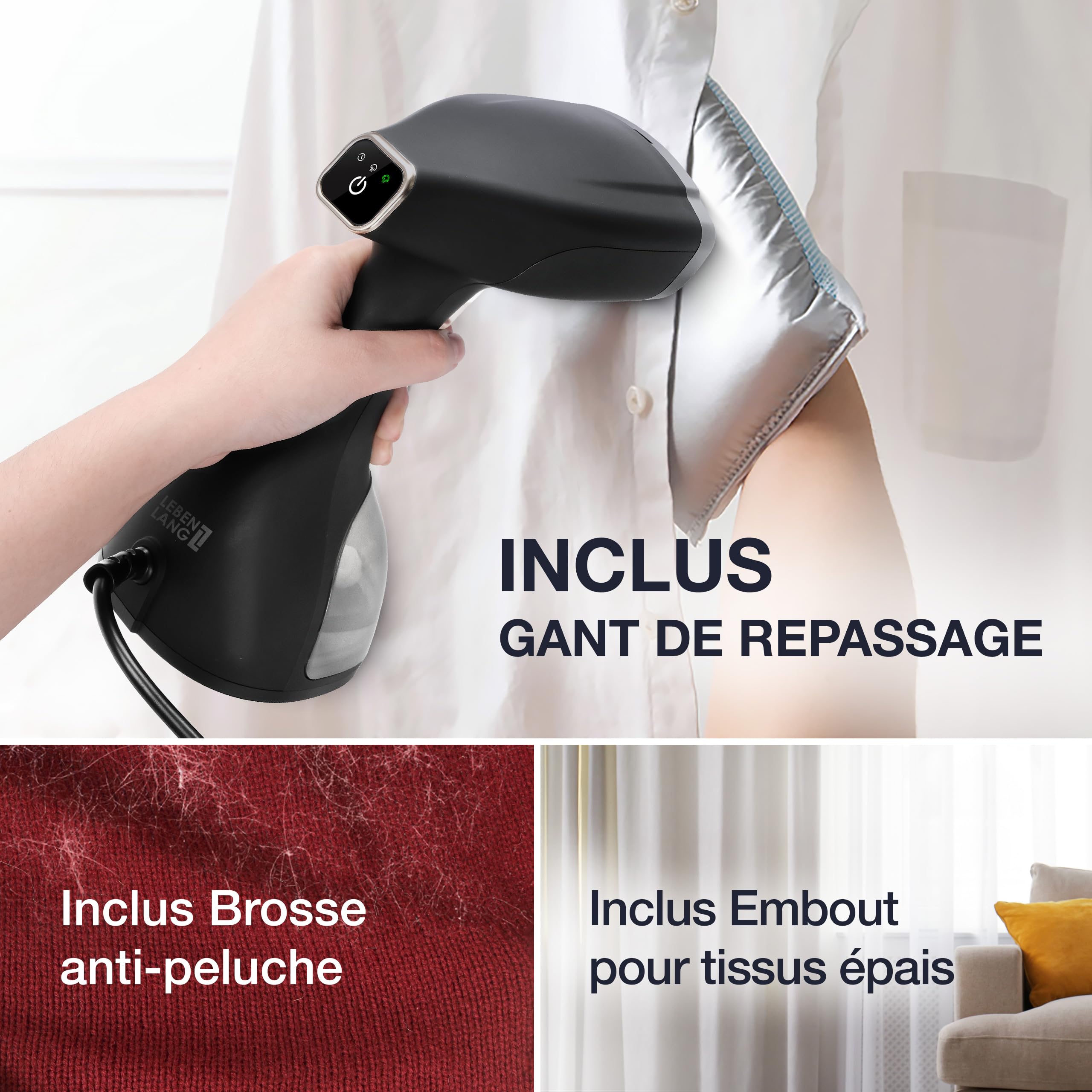 LEBENLANG Defroisseur Vapeur 1500W - 25g/min & Réservoir 300ml I Fer à Repasser de Voyage avec Gant I Défroisseur Vapeur Vertical Repassage Vapeur Vertical Steamer Portable