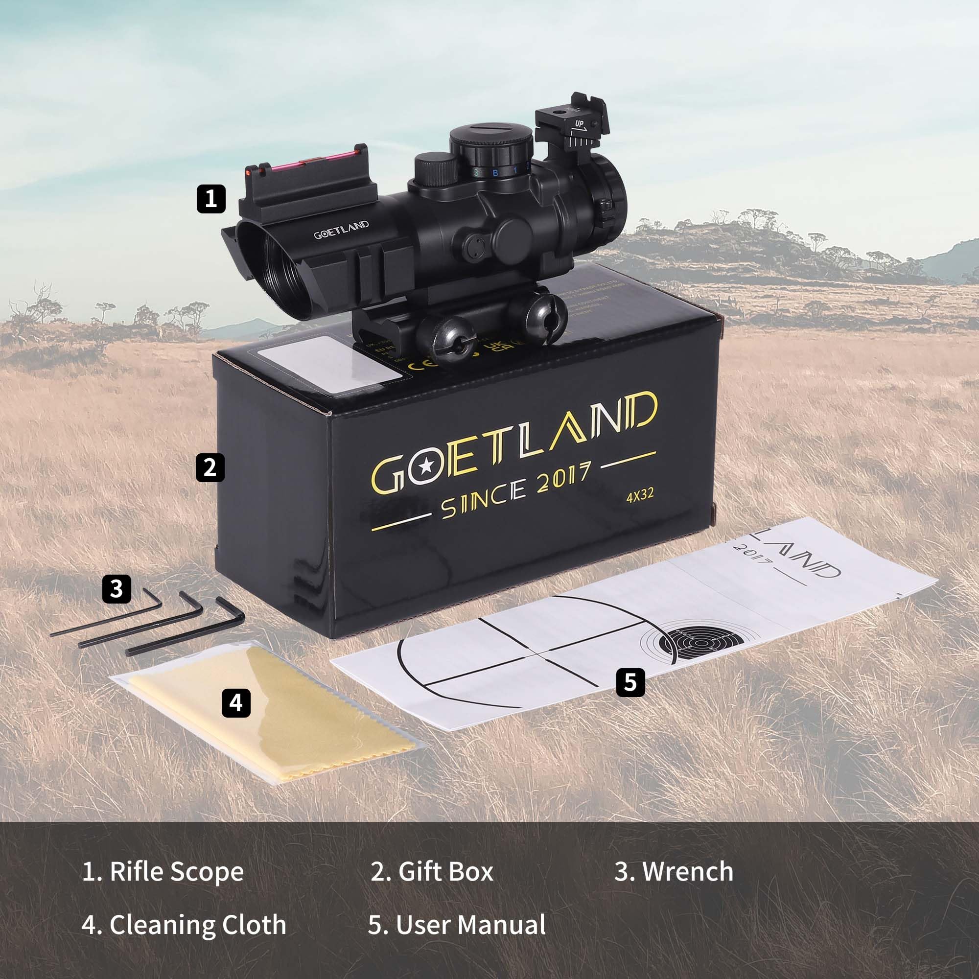 Goetland Lunettes de Visée à Prisme 4x32 Visée Sight Reflex Optic BDC SFP avec Mounture de 20 mm pour Tactique Chasse Airsoft Arbalète Carbine Tir Sportif