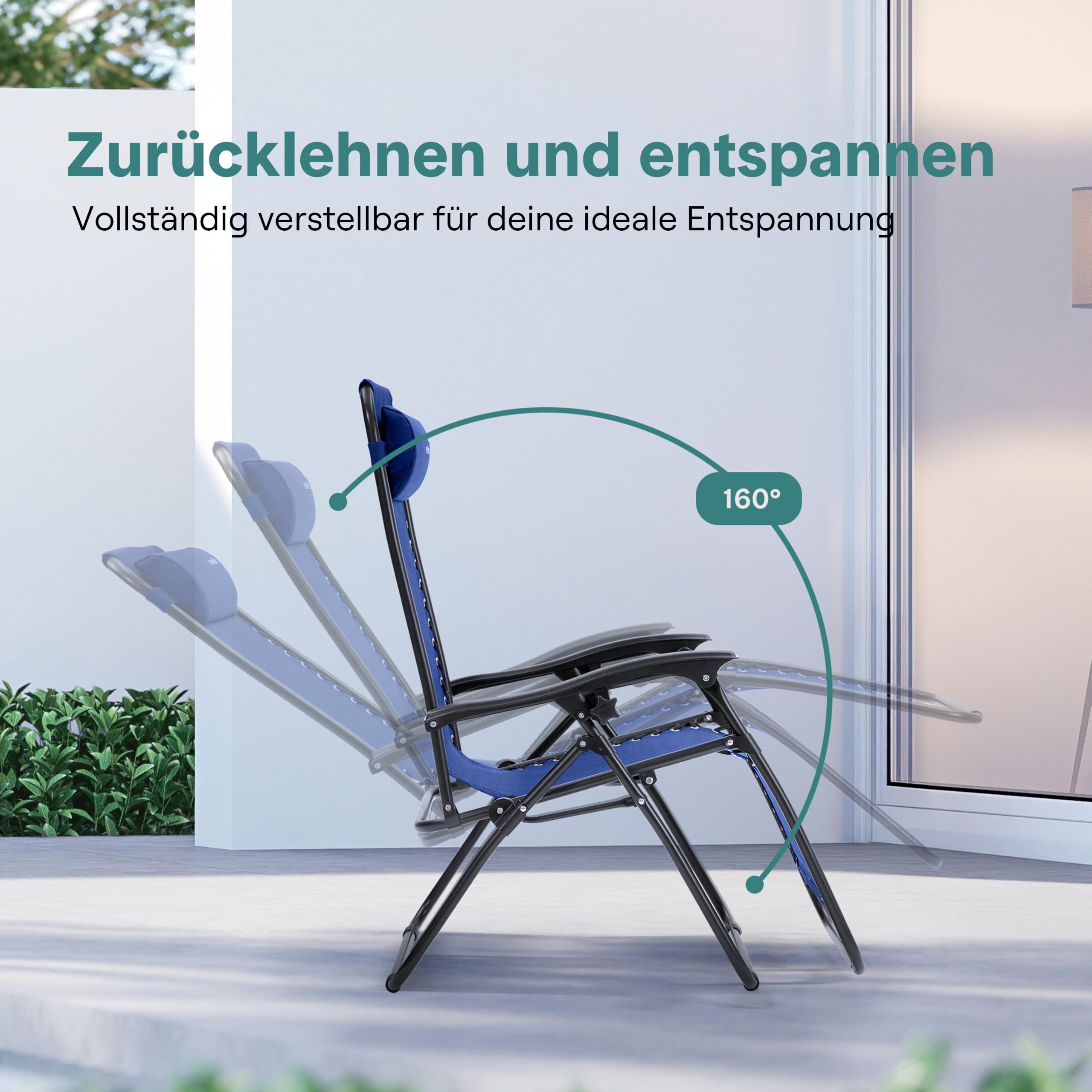 SereneLife Sonnenliege Klappbar 2er Set, Zero Gravity Liegestuhl Garten, bis 120 kg Blau, Verstellbar und Wetterfest, mit Getränkehalter und Kopfstütze, für Balkon Terrasse Strand Relax