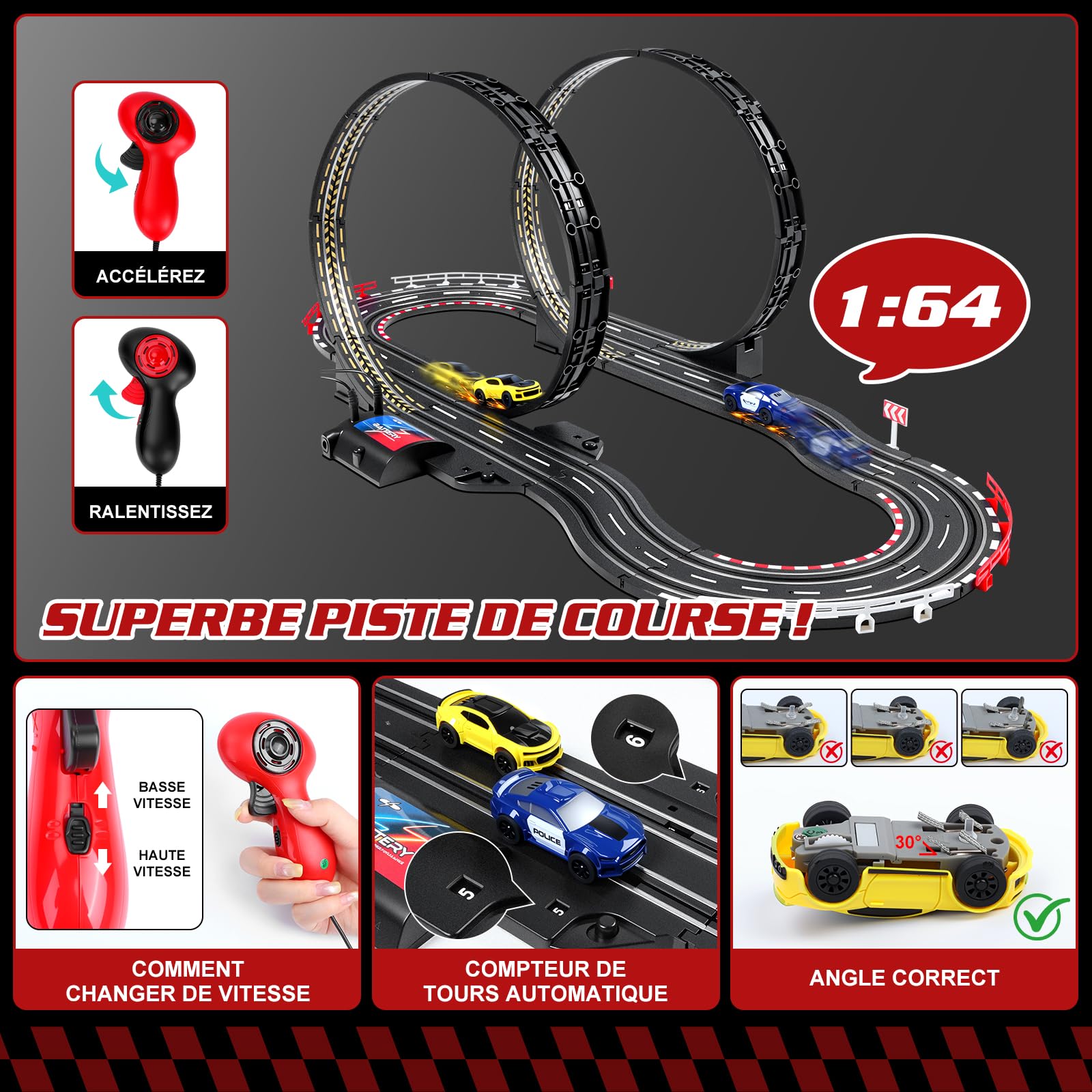 JONRRYIN Piste De Course Voiture Electrique, 2 Voitures, 2 TéLéCommandes, 2 Boucles De 360°, Compteur De Tours, Circuit Voiture Enfant Piste De Course Enfants 6+ Ans (1:64)