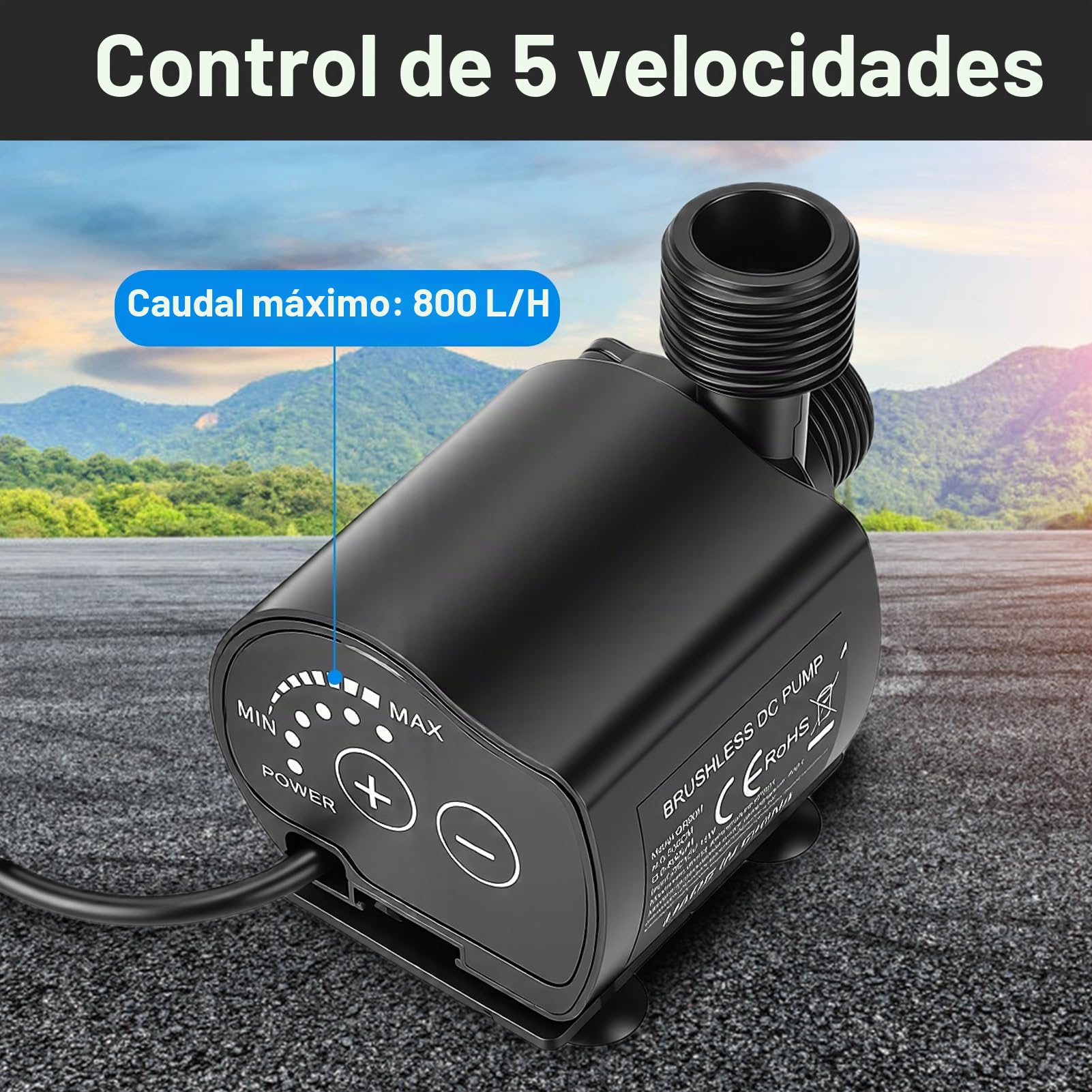 Mini bomba de agua 12 V 800 L/H 15 W, Cabezal de 5 M, Control de 5 Velocidades, Bomba sumergible para lavabos para Acuarios, Peceras, Estanques, Fuente con Cable