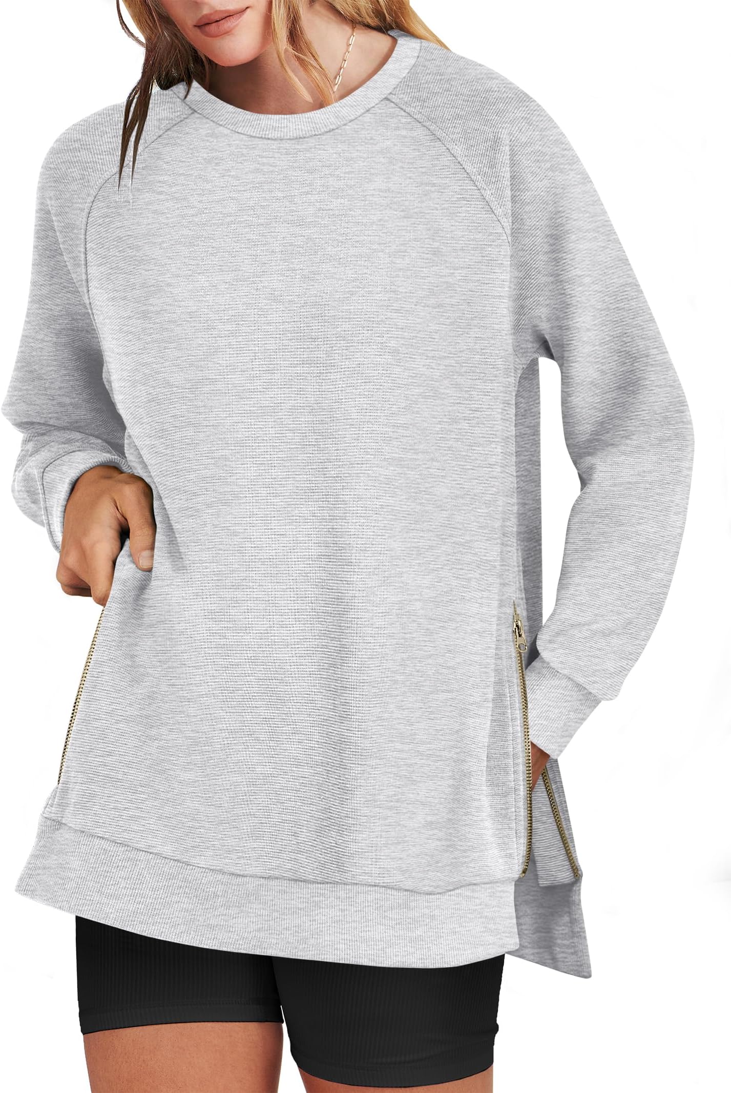 Women's Oversized Sweatshirts Crewneck Long Sleeve Tunic Pullover Shirts Side Zipper Hoodies 2026 Spring Clothes