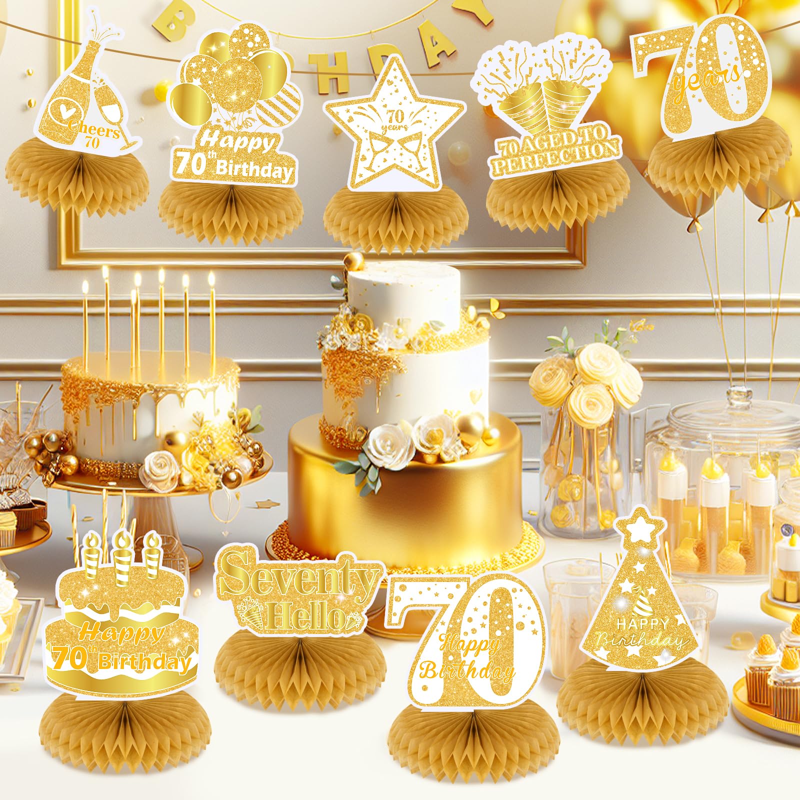 Snapklik.com : 9Pcs White Gold 70th Birthday Decorations For Women