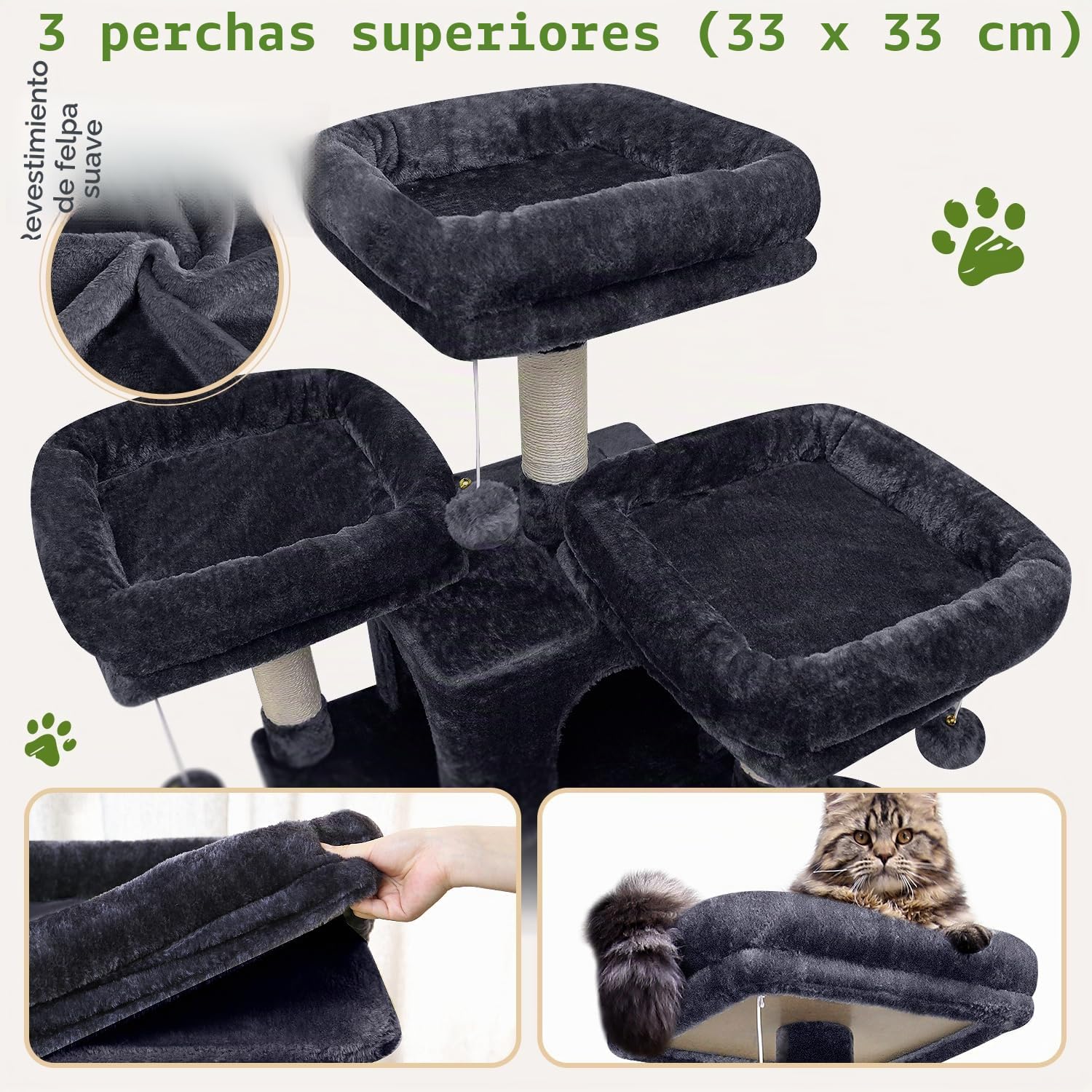Globlazer Árbol para Gatos 174 cm con 3 Perchas Acolchadas, 2 Nidos, 2 Cesta, Cama Mascotas Extraíble, Postes de Sisal, Estable Castillo Rascador para 2-4 Gatos Adultos Interior (F68B, Gris Oscuro)