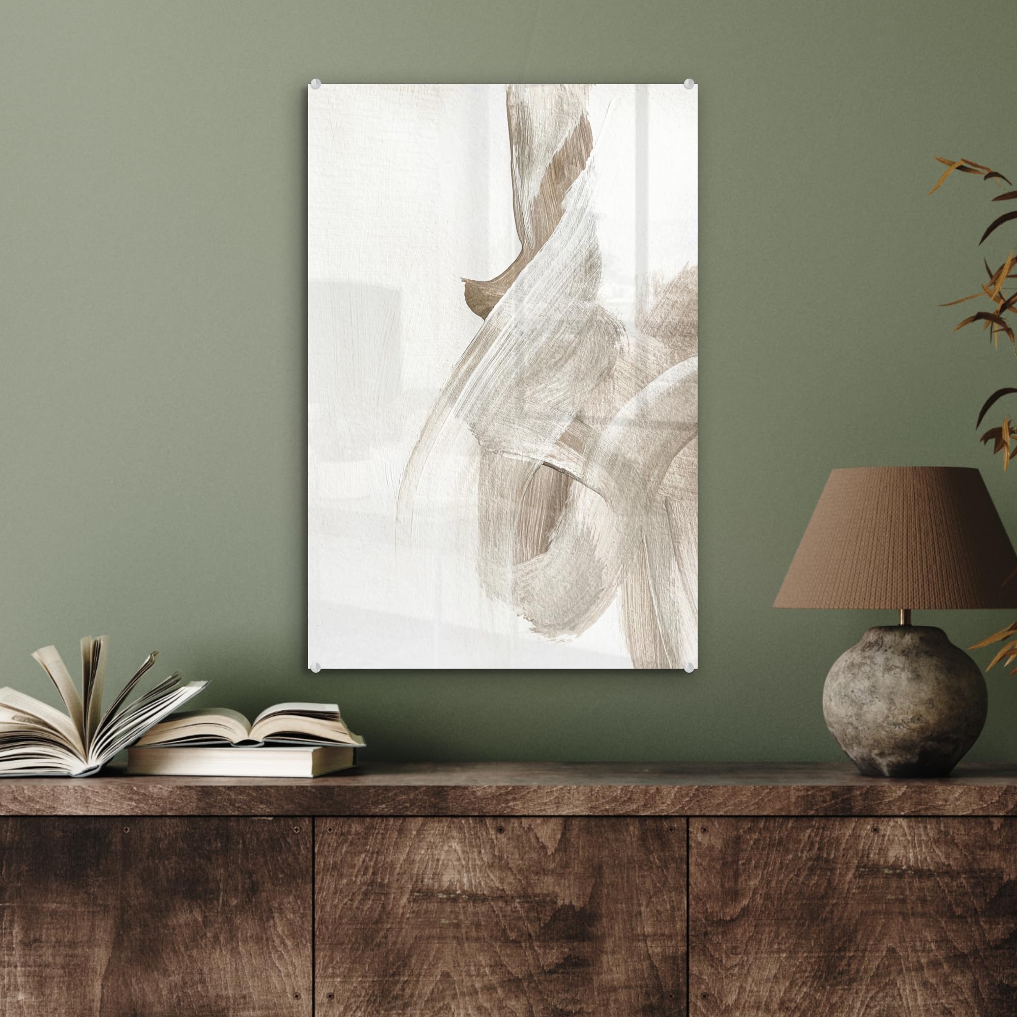 MuchoWow© Bild auf Glas Schlafzimmer Bilder Badezimmer Wand Deko Wohnzimmer | 40x60 cm - Modern Wanddeko Bilderwand Geschenk Abstrakt - Moderne Kunst - Beige