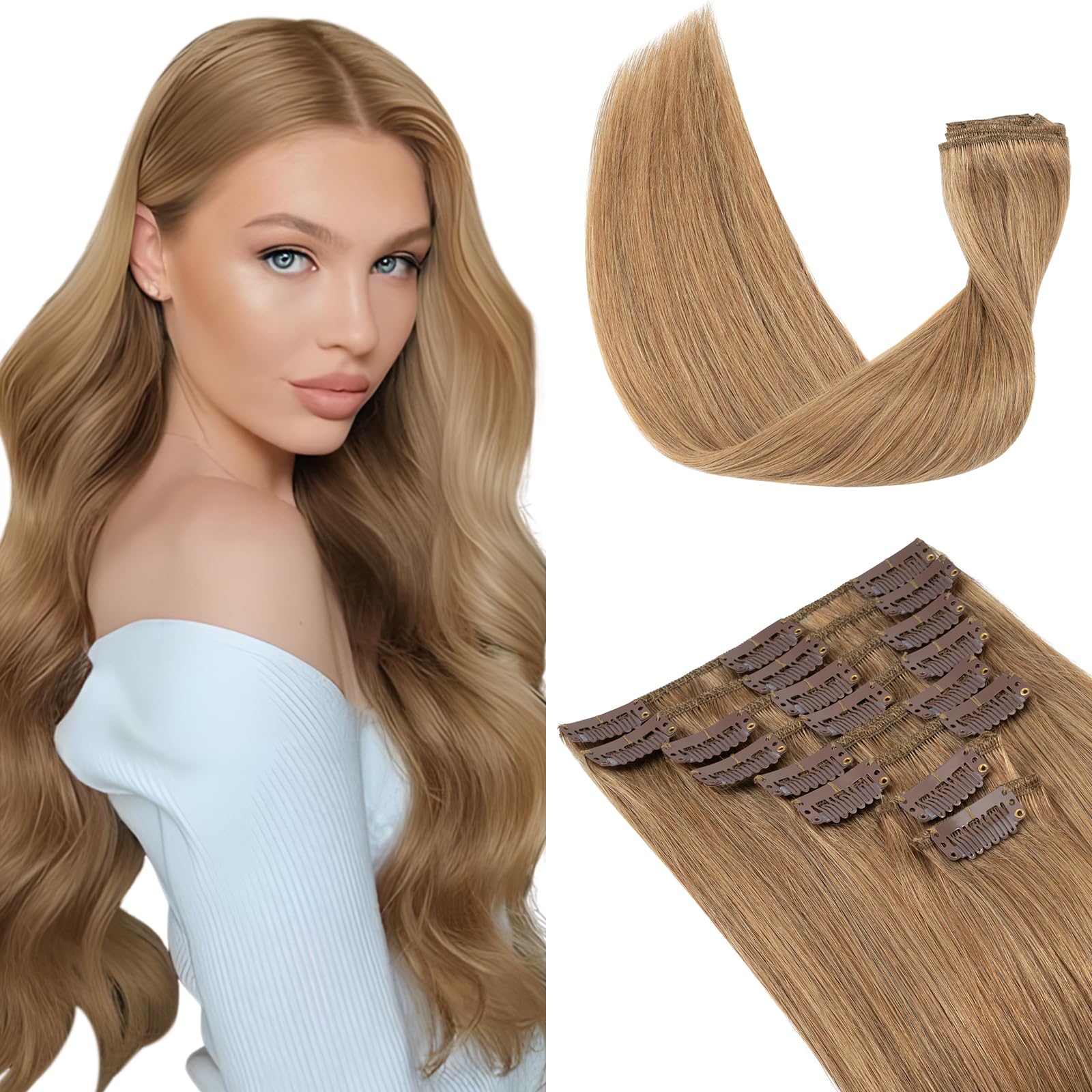 Elailite Hair Extension Real Human Hair Clip in Remy Natural Hair, 8 Pieces (Thin Weft) Full Head Straight, #27 Dark Blonde