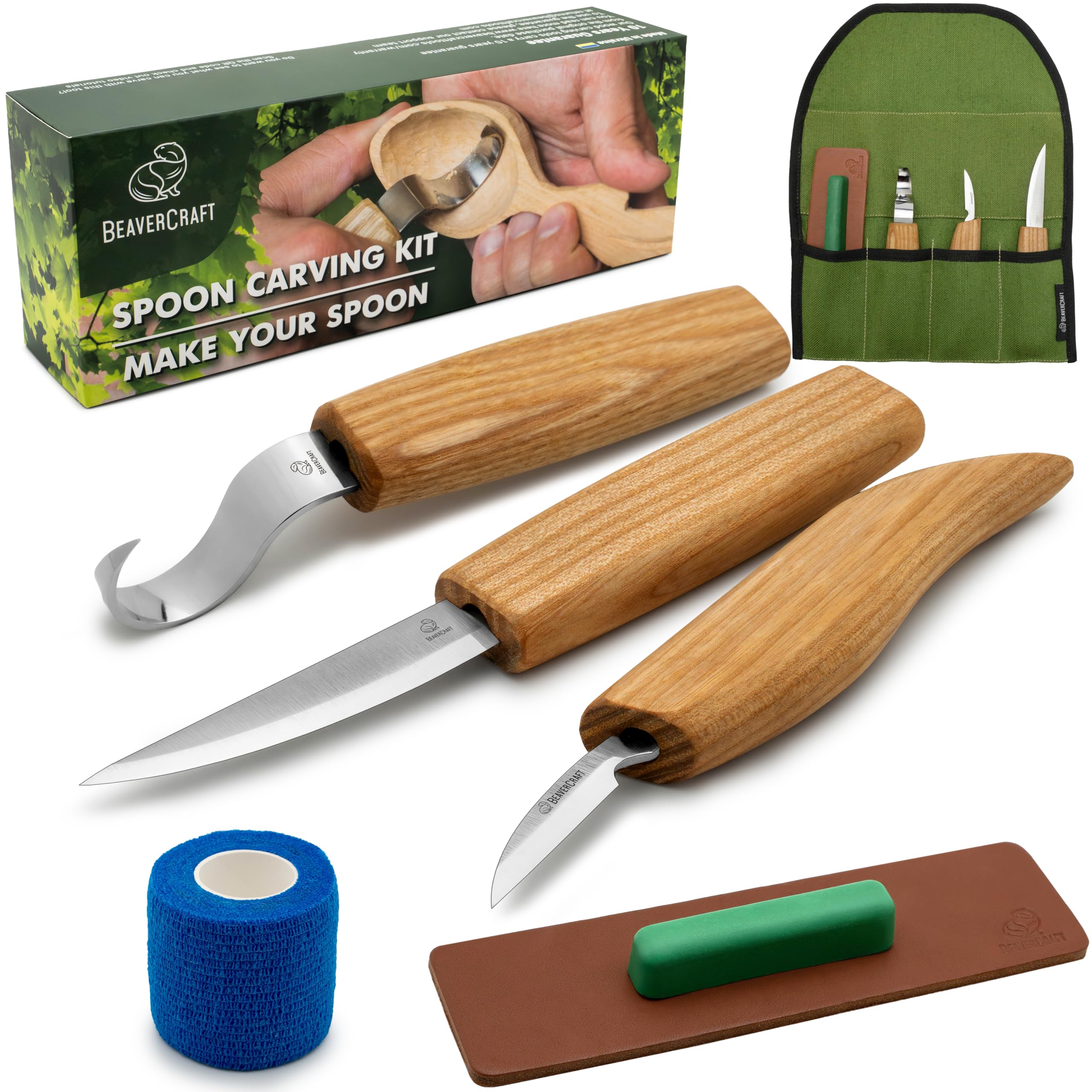 BeaverCraft S13L ensemble d'outils de sculpture sur bois pour cuillère à sculpter le cuir et le composé de polissage couteaux à découper pour gaucher