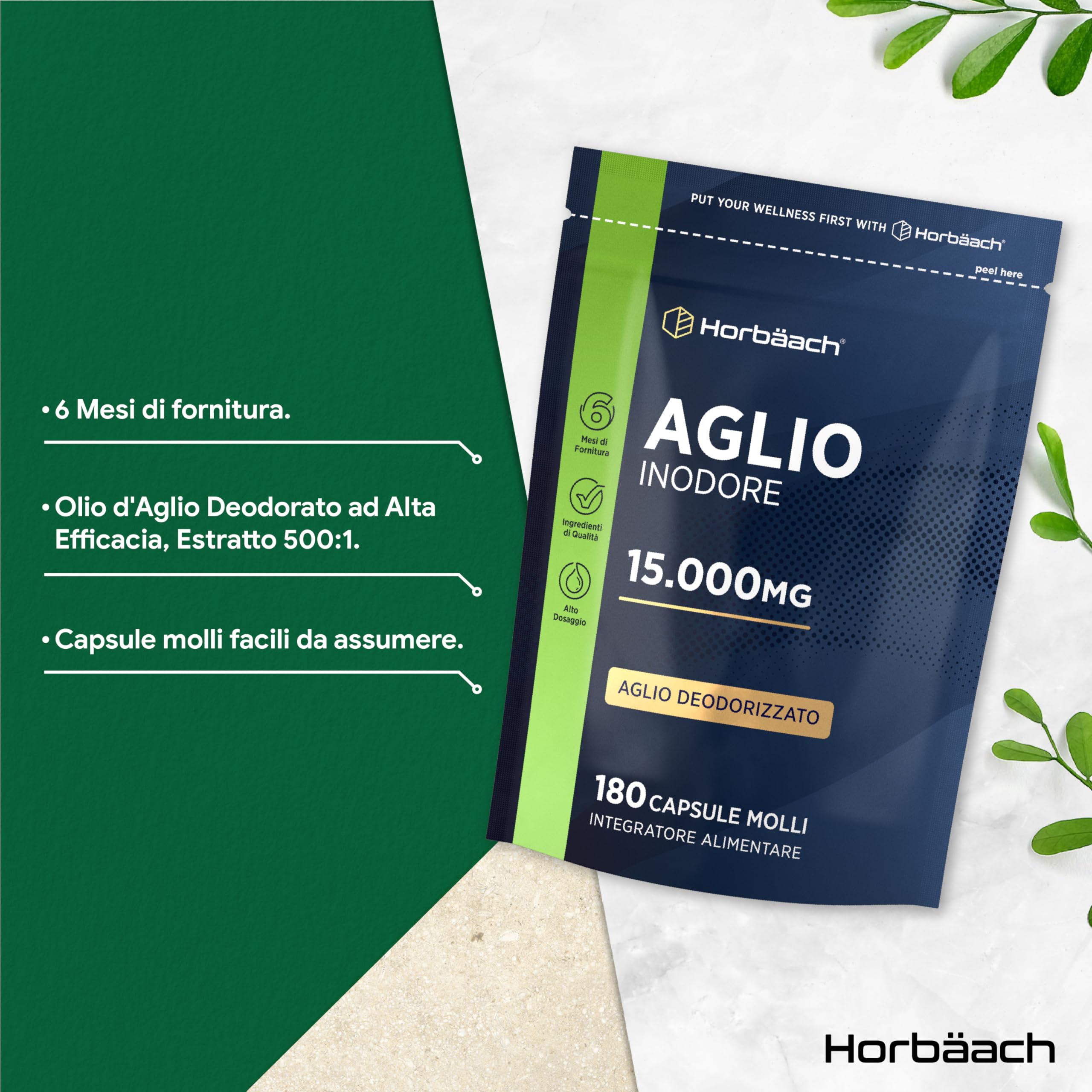 Aglio Capsule Inodore 15000mg | 180 Capsule Molli per 6 Mesi | Estratto di Aglio Deodorizzato ad Alto Dosaggio | Ricavato da Allium Sativum | Odorless Garlic Softgels | by Horbaach