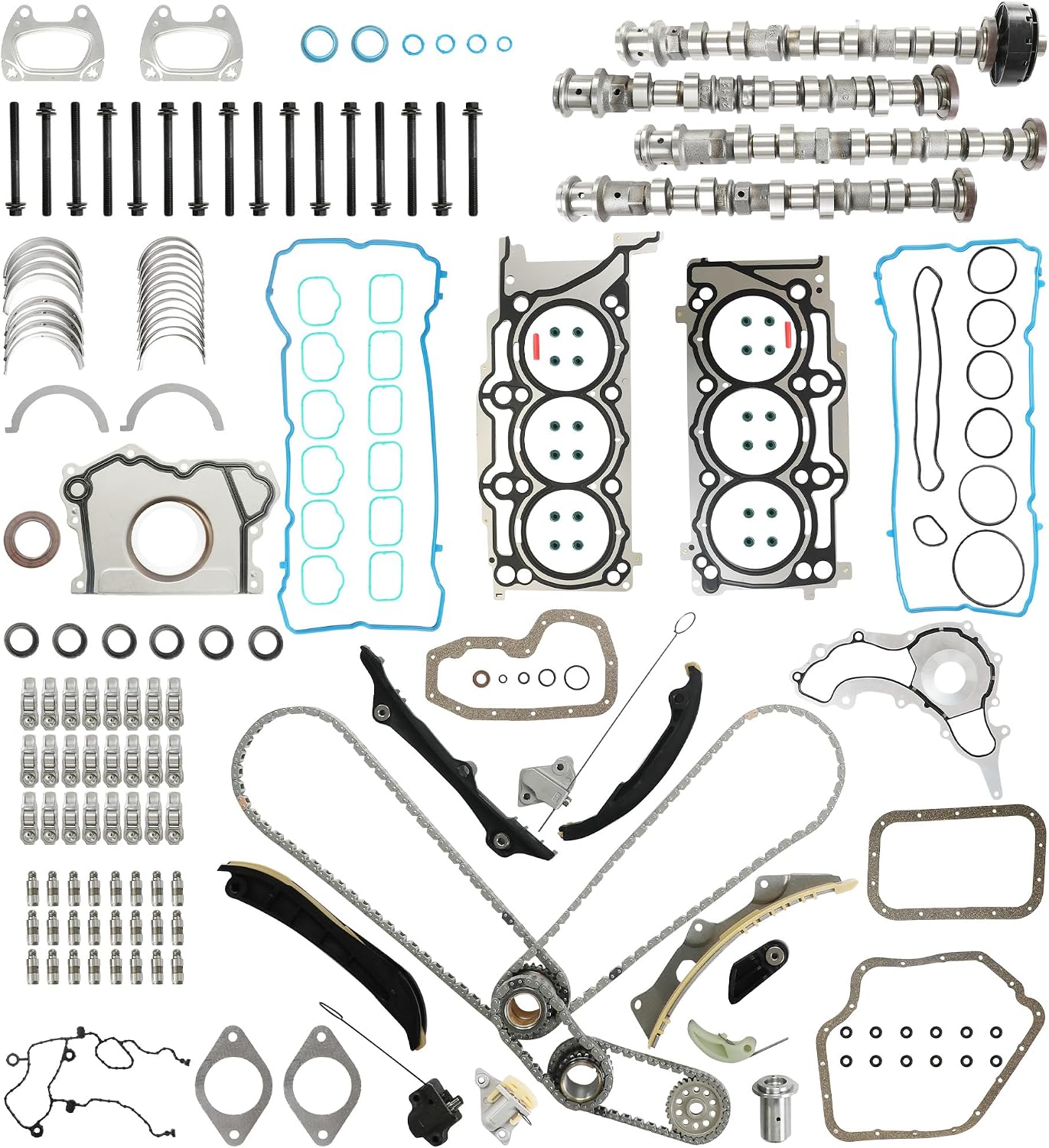 3.6 camshaft Timing Chain kit Head Gasket set Fit for Chrysler 200 300 Dodge Charger Challenger Jeep Wrangler Grand Cherokee Ram 1500 3.6L 2011-2015 Engine Overhaul Kit Rocker Arms Valve Lifters set