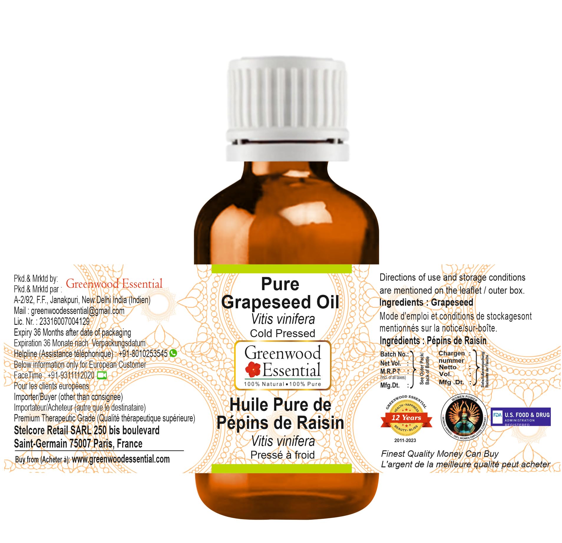 Greenwood Essential Huile de pépins de raisin naturelle (Vitis vinifera) pressée à froid, 100 ml x 3 (10 oz)