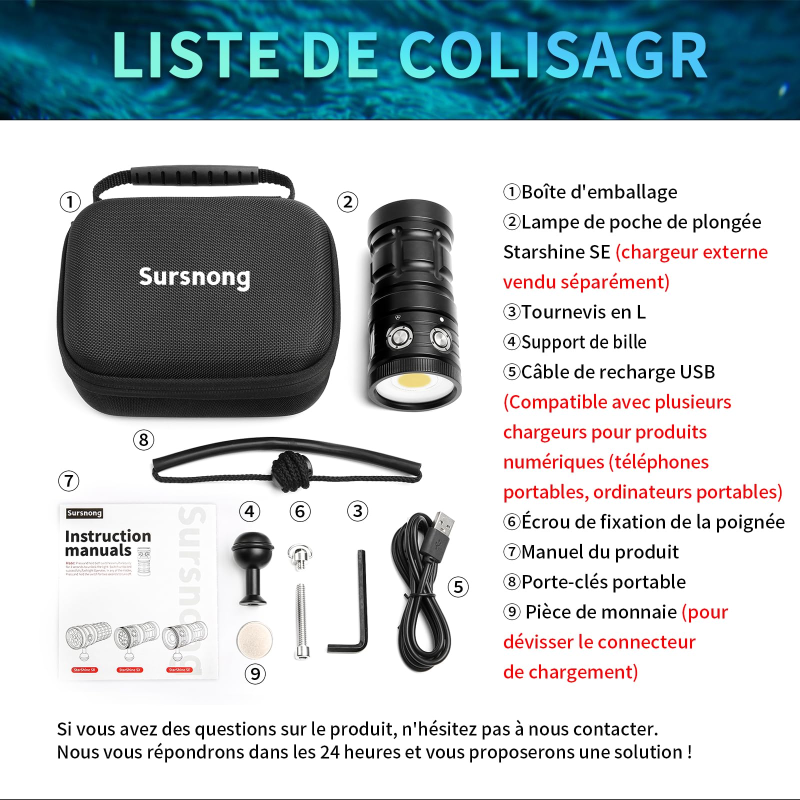 SE 7500 lumens Lampe de plongée – Lampe vidéo sous-marine professionnelle avec CRI 92, lumière blanche 5200K, pour la plongée et la photographie sous-marine (étanchéité IP68, profondeur 100m)