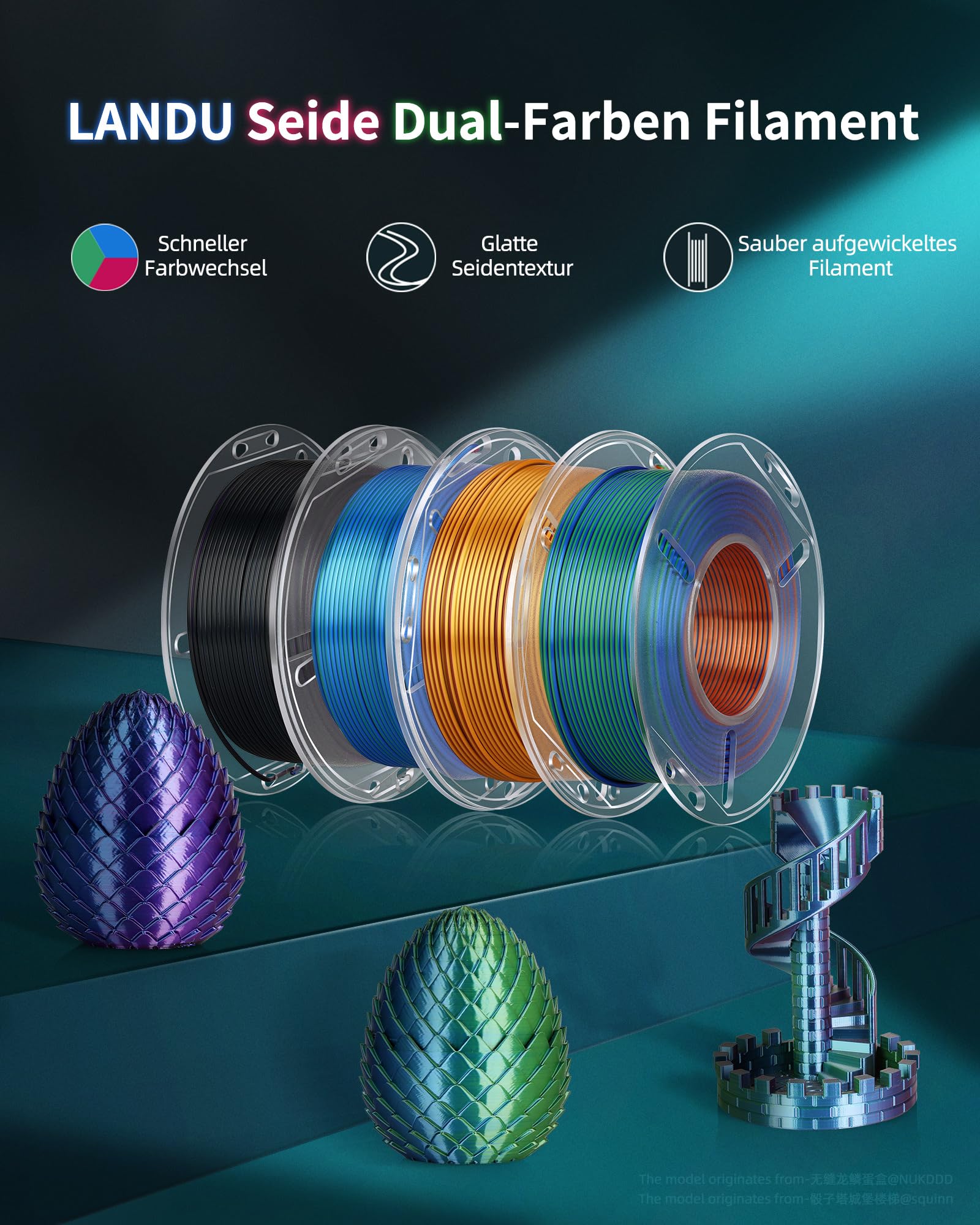 LANDU Silk PLA Filament Bundle Silk Dual Color PLA filament 1,75 mm do drukarki 3D filament Coextrusion Filament PLA Multiple Color PLA dokładność pomiaru +/- 0,02 mm, 4 opakowania szpul 250 g