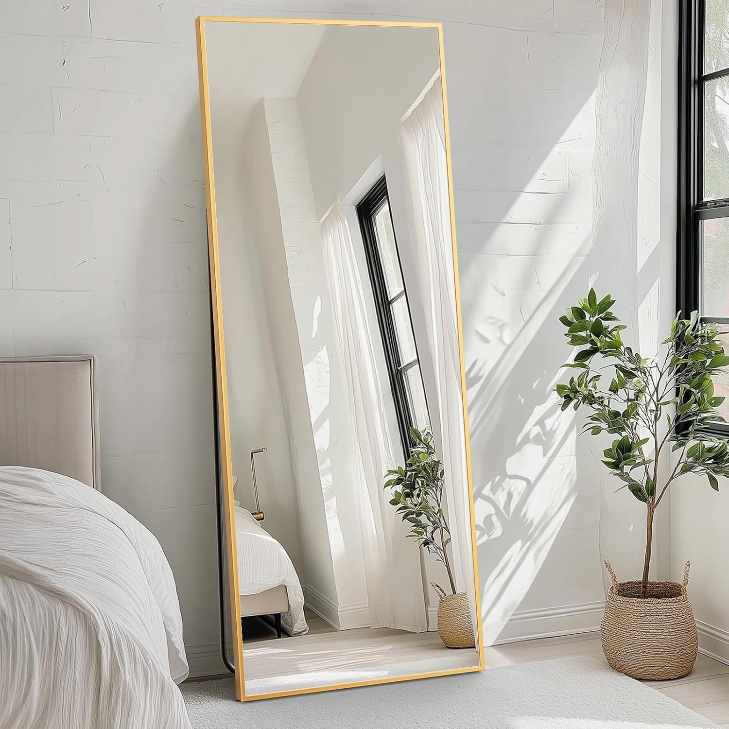 FAB&Deluxe Full Length Mirror - 64"x21" Standing or Leaning Full Body Mirror with Aluminum Alloy Frame, Floor Mirror for Bedroom Bathroom Wall Decor, Rectangular, Gold