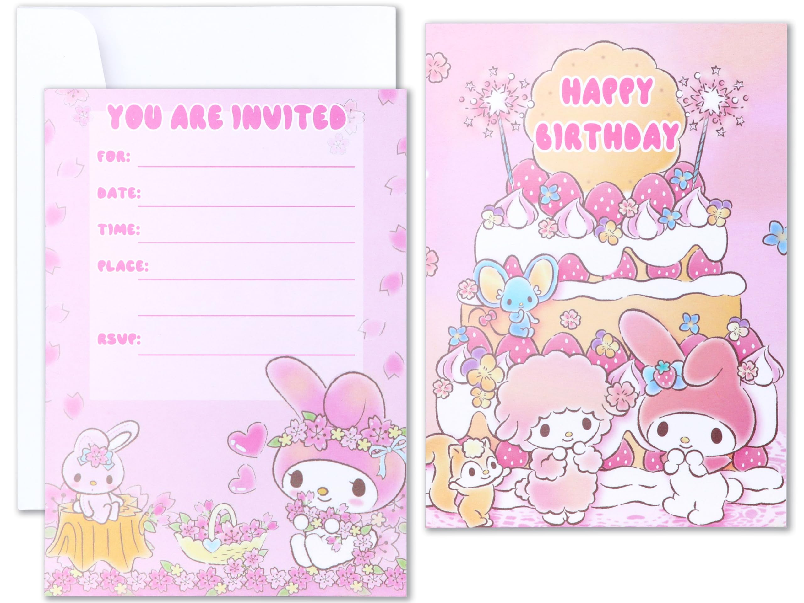 Roffatide Anime My Melody Invitations Cards for Melody Happy Birthday Supplies 16 PCS Fill in Invitations with Envelopes for Girls and Boys 5x7 Inches