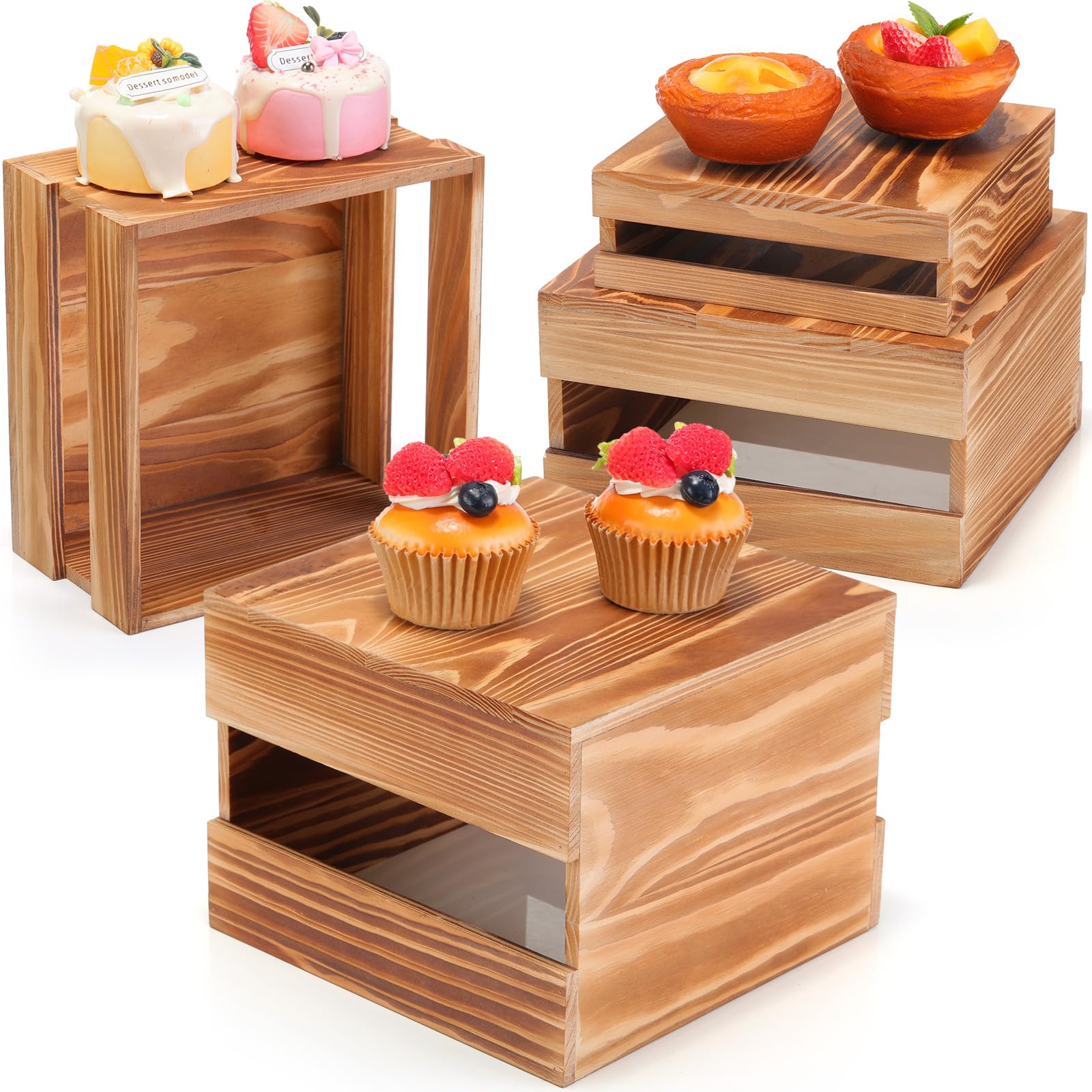 3 Pcs Wood Display Risers Rustic Cupcake Stand Wooden Crate Storage Organizer Food Risers Wooden Stackable Box Vintage Cupcake Dessert Display for Party Wedding Day(Classic Yellow)
