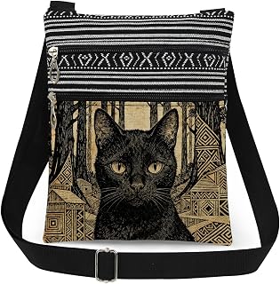Black Cat Whmsical Village Woodcut Print Messenger Bag with Adjustable Strap Outdoor Travel Great for Carrying Essentials Purse Unique Present for Pet Cat Lovers Daily Use Crossbody Bag