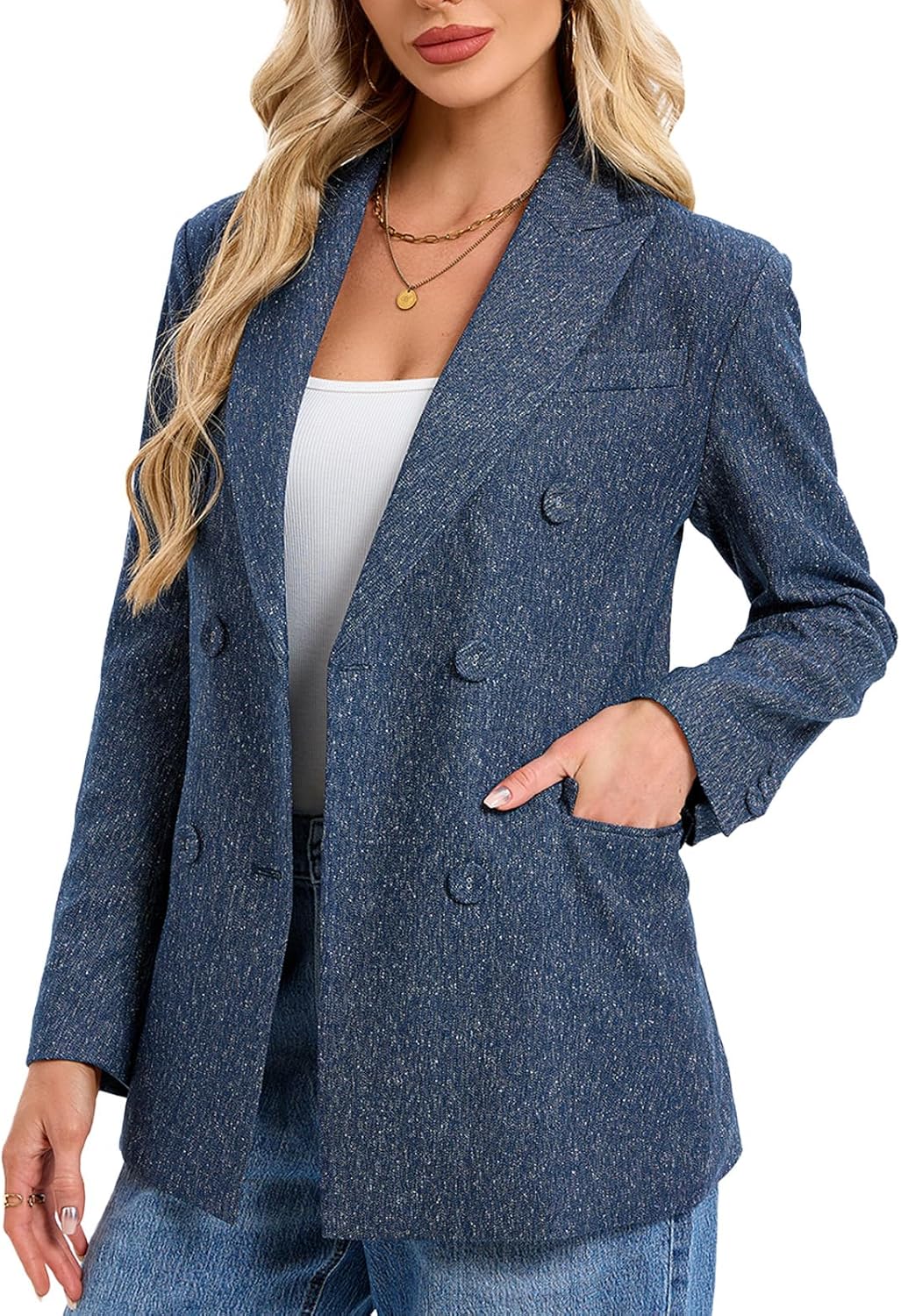 Women's Double Breasted Blazer Jacket Long Sleeve Notched Lapel Suit Coat with Flap Pockets for Work Office Business Casual - Image 4