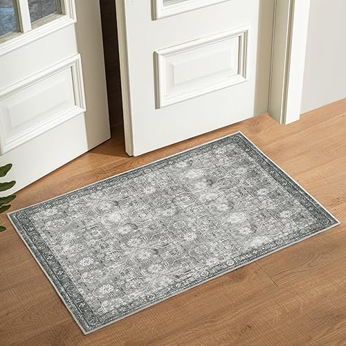 Floral Rugs For Entryway, 2x3 Kitchen Rugs Non Slip Washable 2 X 3 Rug Vintage Carpet Stain Resistant Small Grey Ultra-Thin Low Pile Rug For Bedroom Decoration Indoor Door Mat Distressed Gray