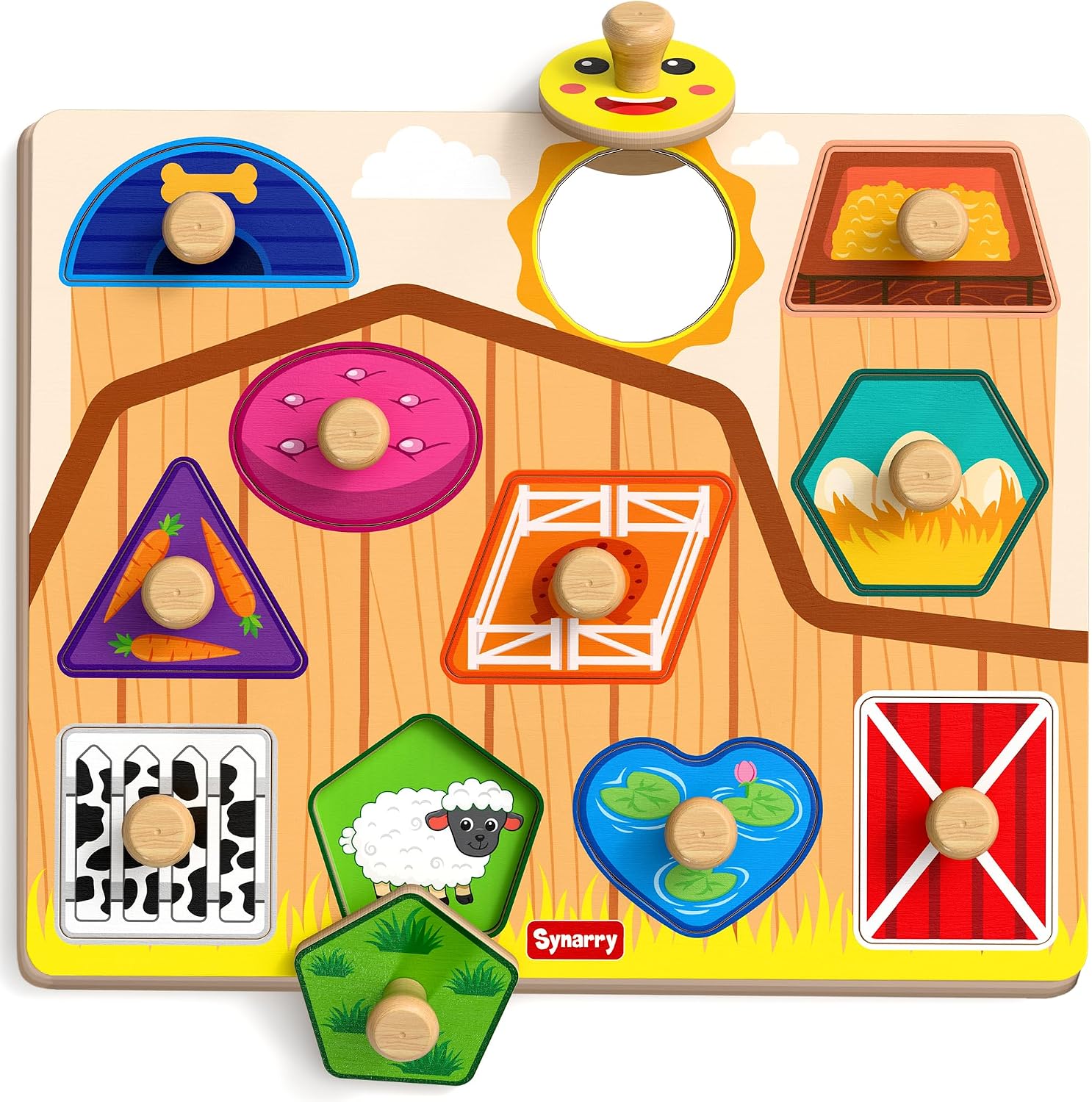 SYNARRY Farm Animals Toddler Puzzles, Wooden Puzzles for Toddlers 1-3, Jumbo Knob Peg Chunky Puzzle, Baby Puzzles 12-18 Months for Shape Recognition Fine Motor Skills, Barn Farm Toys for Toddlers 1-3