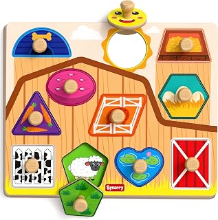 SYNARRY Farm Animals Toddler Puzzles, Wooden Puzzles for Toddlers 1-3, Jumbo Knob Peg Chunky Puzzle, Baby Puzzles 12-18 Months for Shape Recognition Fine Motor Skills, Barn Farm Toys for Toddlers 1-3