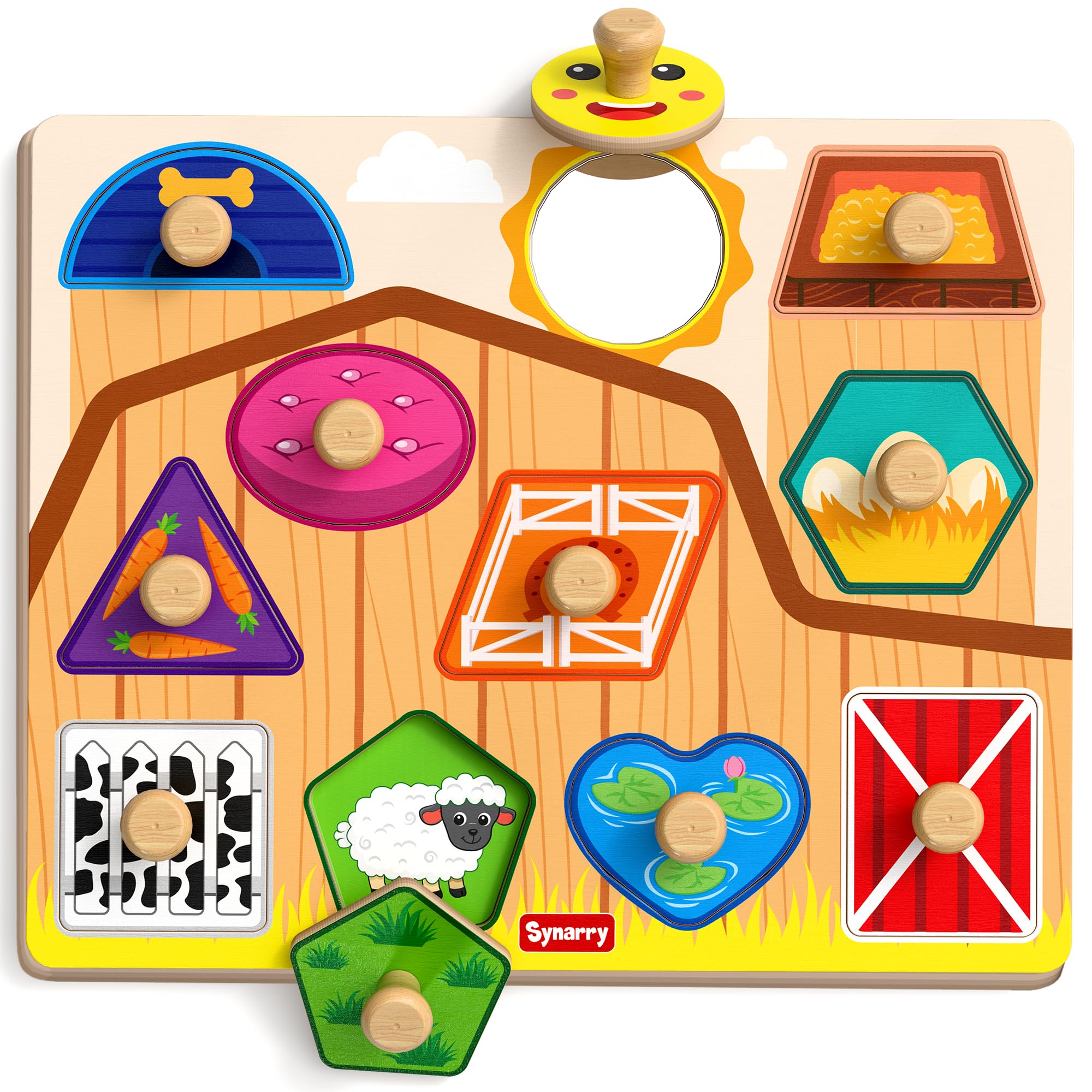 SYNARRY Farm Animals Wooden Peg Puzzles Toys for 1 2 Year Old, Montessori Toys for Toddlers Boys Girls, 12-18 Months Baby Birthday Gifts Present, Preschool Learning Educational Games Toys for Kids