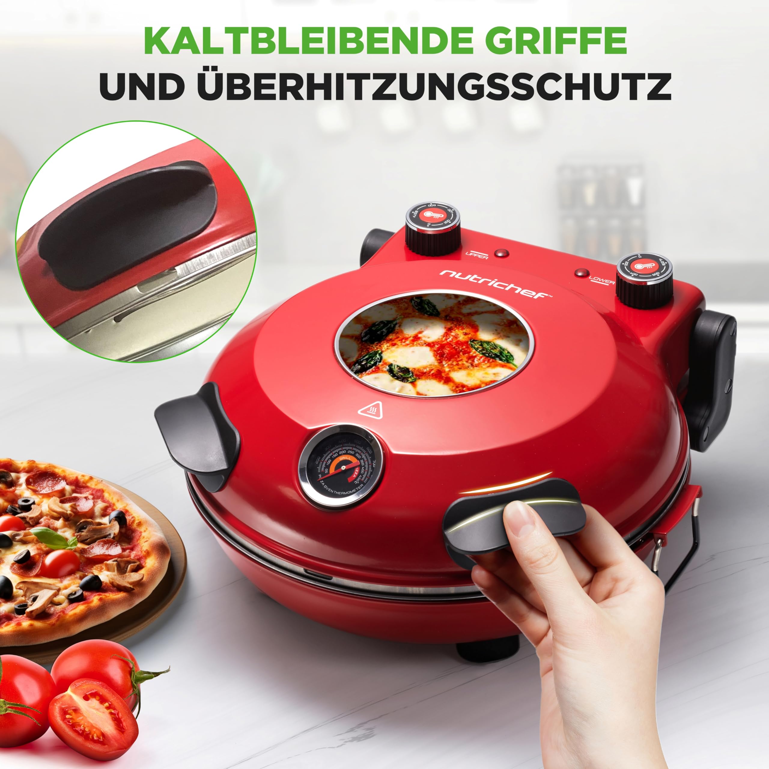 NutriChef Pizzaofen Elektrisch – Ø 35,5cm Abnehmbarer Keramikstein, 1200W bis 430°C, Ober-/Unterhitze Getrennt Regelbar, Sichtfenster, Antihaft