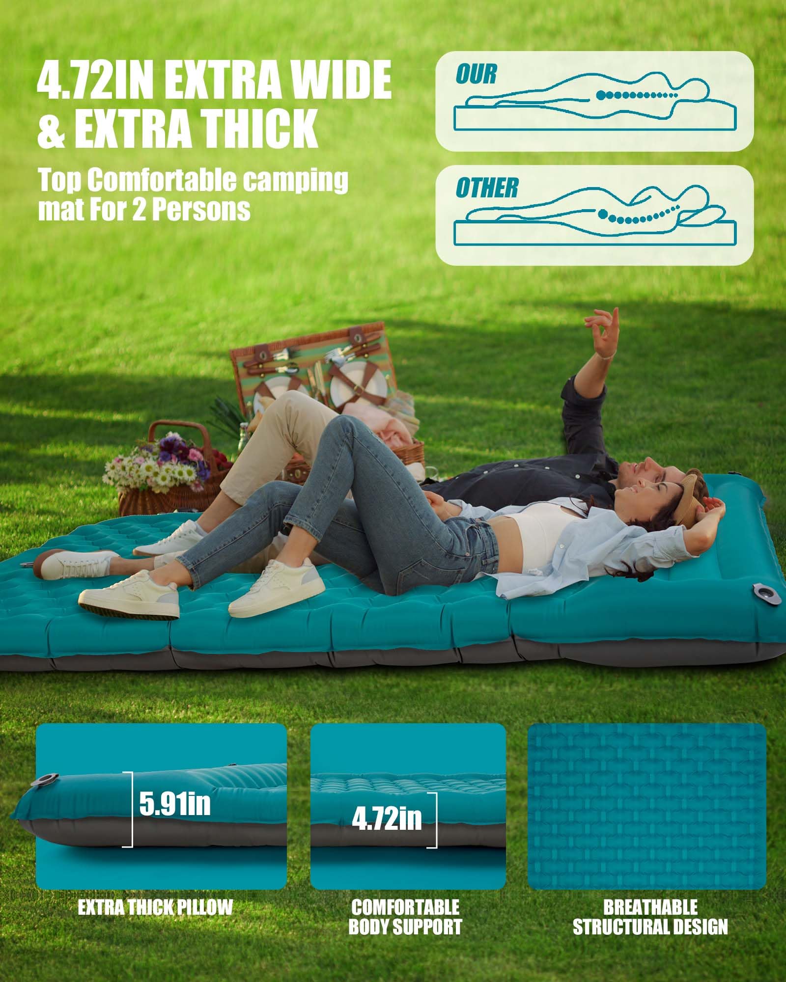 AKSOUL Colchoneta hinchable para acampar: esterilla autoinflable extra gruesa para dos personas con bomba de pie integrada, colchón de aire ligero y ultraancho con cojín para camping, mochilero