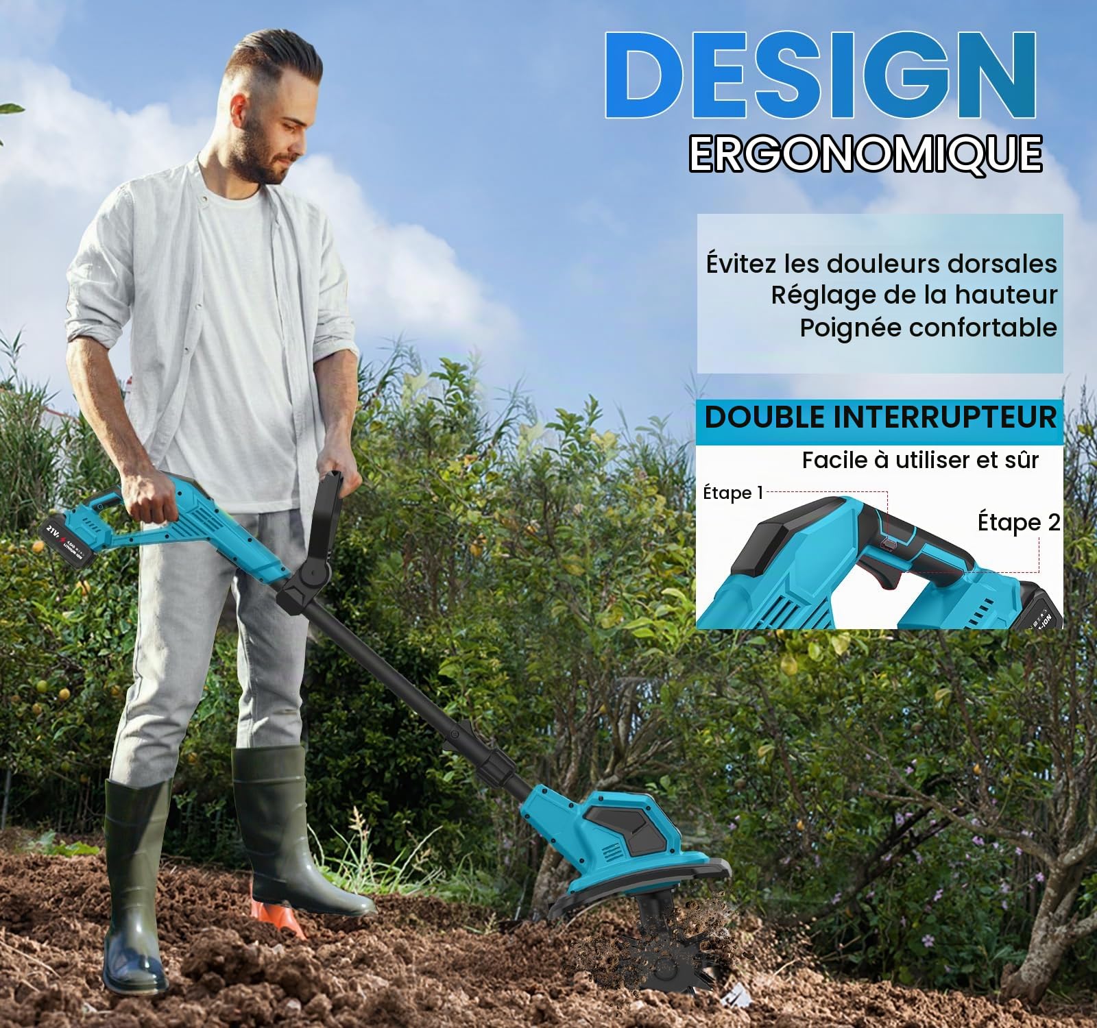 Motobineuse Electrique 21V, Motoculteur sans Fil 600 W avec 2 x 4,0 Ah Batteries, Largeur de Travail 17 cm, Profondeur de Travail 24 cm, 360 TR/Min, Motobineuse Électrique pour Le Jardin et la Cour