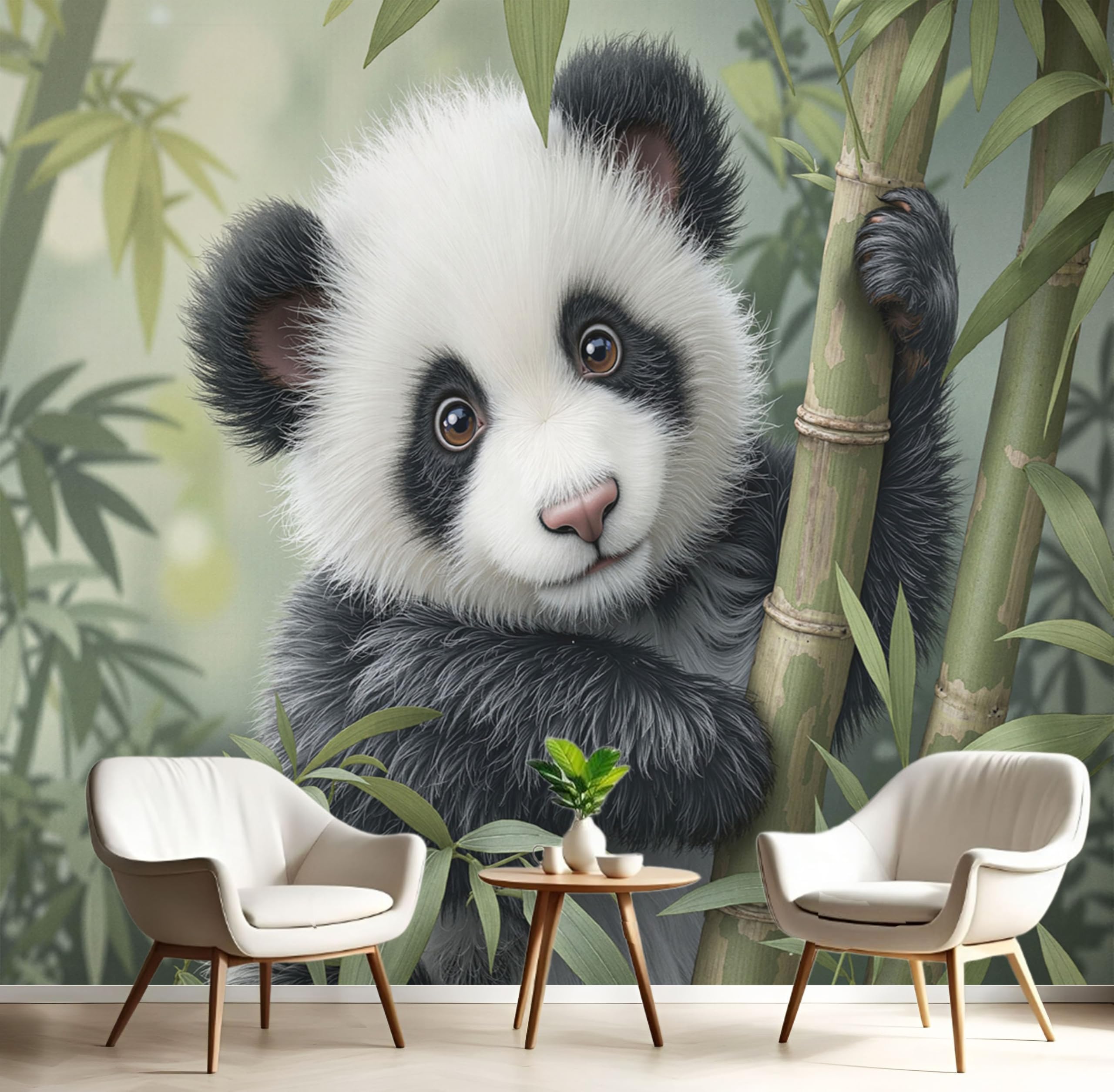 Papier peint panoramique panda et forêt de bambous vert olive pour mur de salon 250x175 cm