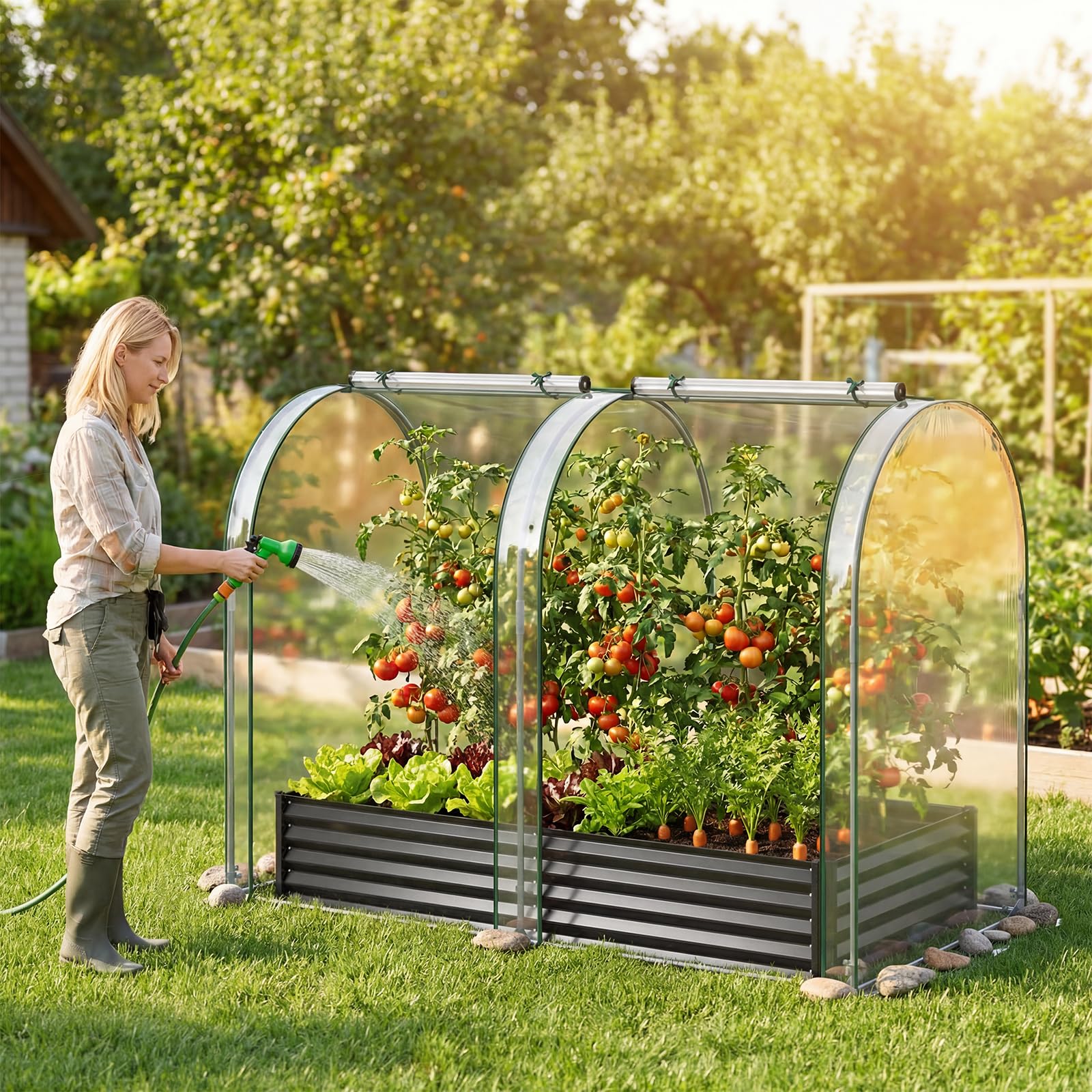 COSTWAY Orto Rialzato da Giardino con Serra, Fioriera da Esterno in Metallo con Copertura Apribile in PVC, Letto Rialzato da Esterno per Giadino, Cortile e Balcone 198 x 100 x 145 cm (Nero)