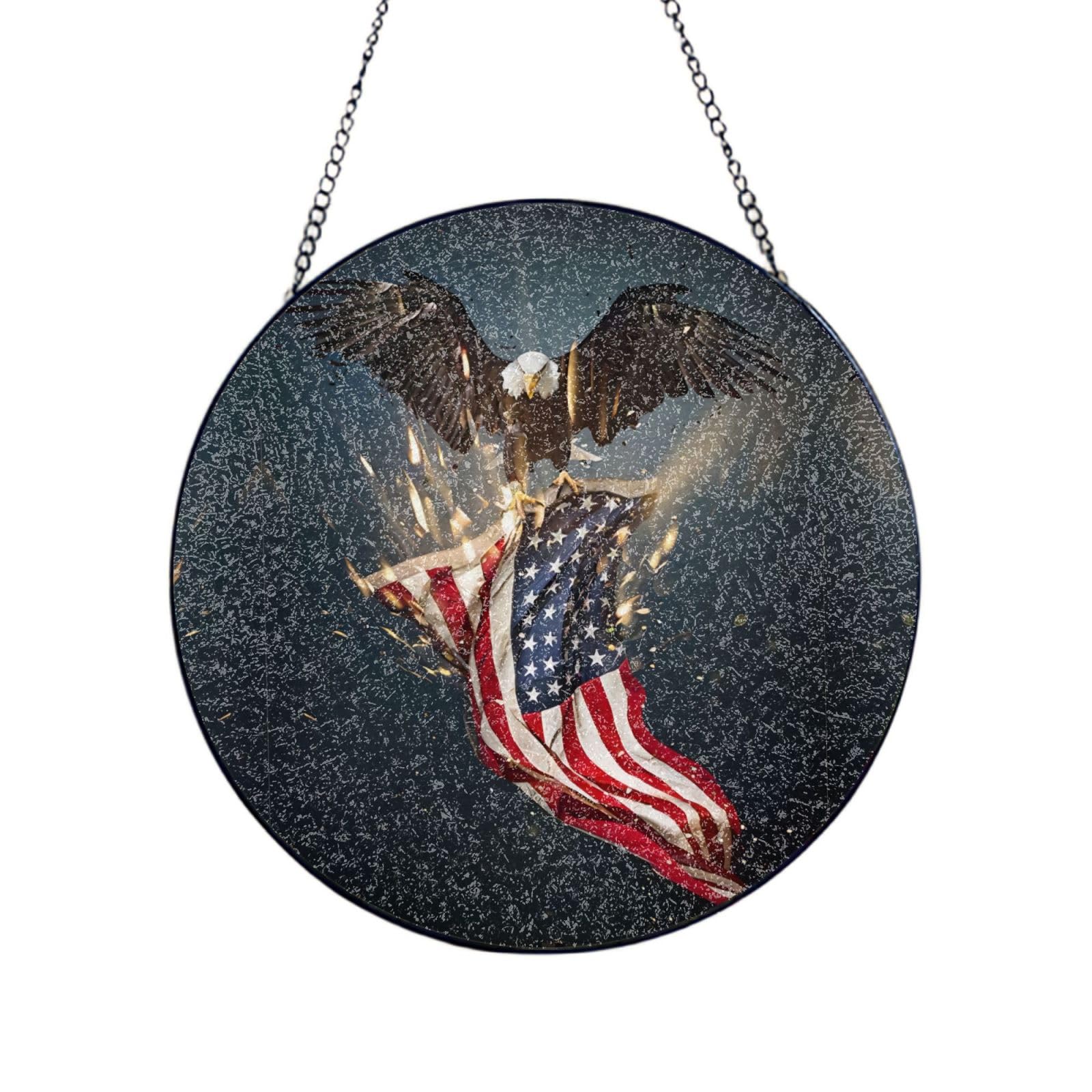 Phayah North American Bald Eagle Print Glass Window Hanging Round Suncatcher Glass Ornament Garden Wall Fence Decorations Indoor Outdoor 10in（25cm）