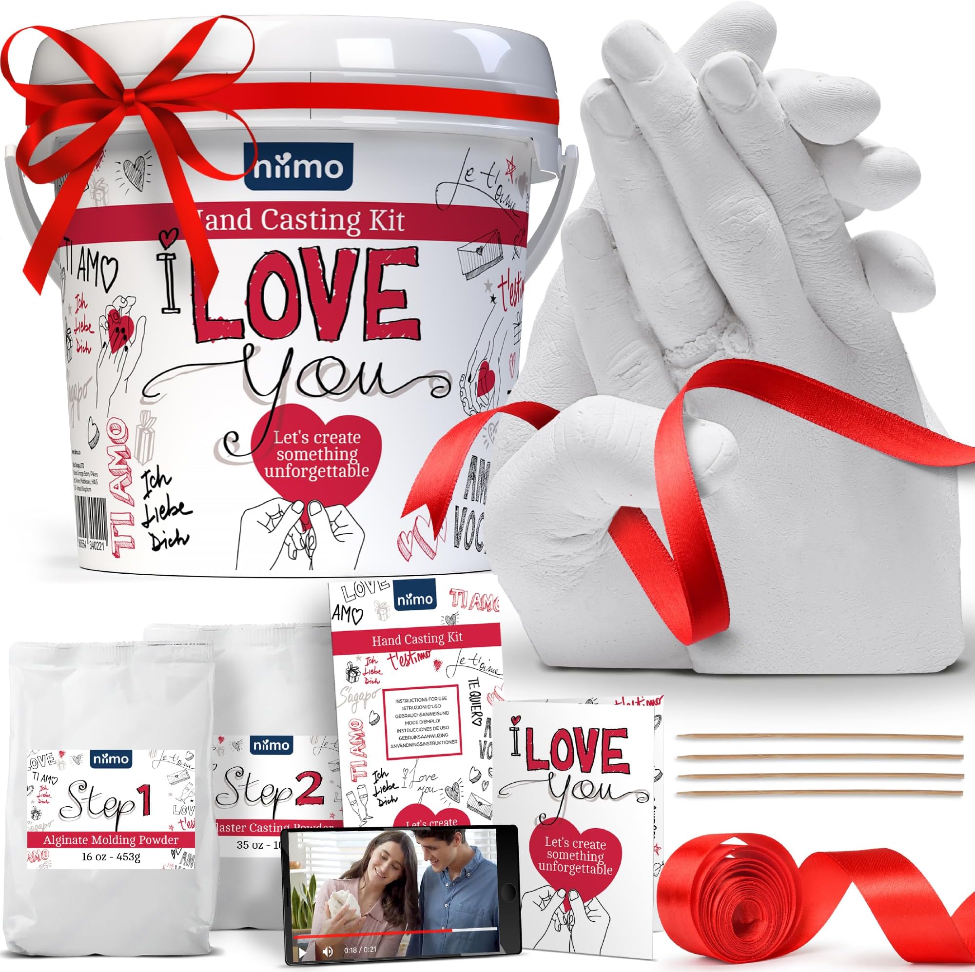 Niimo® 'I Love You' Couples Hand Casting Kit - Fun & Skin-Safe Hand Moulding Kit Couple, Personalised Gifts for Her & Him, with Gift Card & Video Tutorial