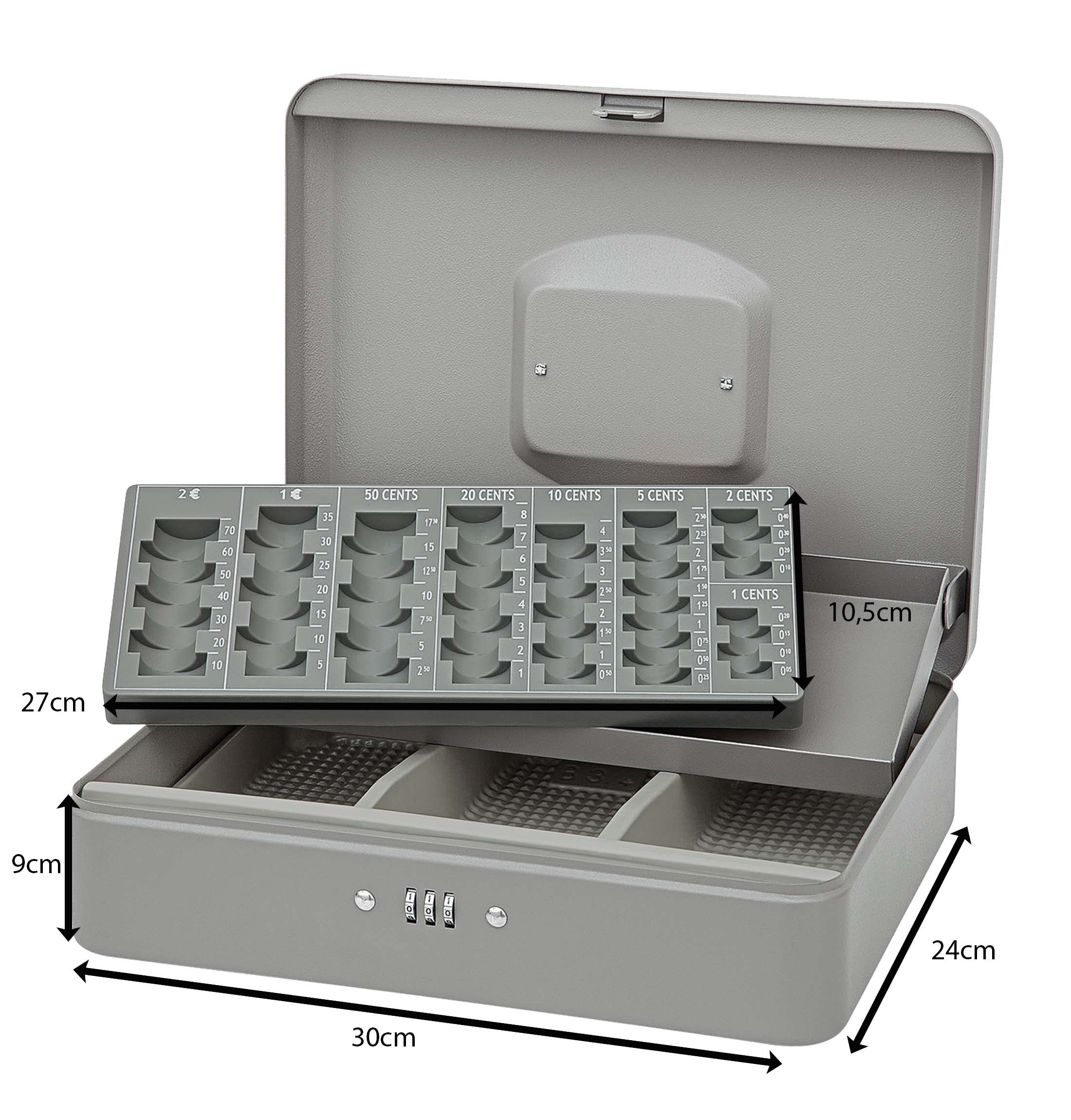 WEDO 149758012 Caissette à monnaie avec serrure à combinaison, avec compartiment pour billets et plateau à monnaie amovible, 30 x 24 x 9 cm