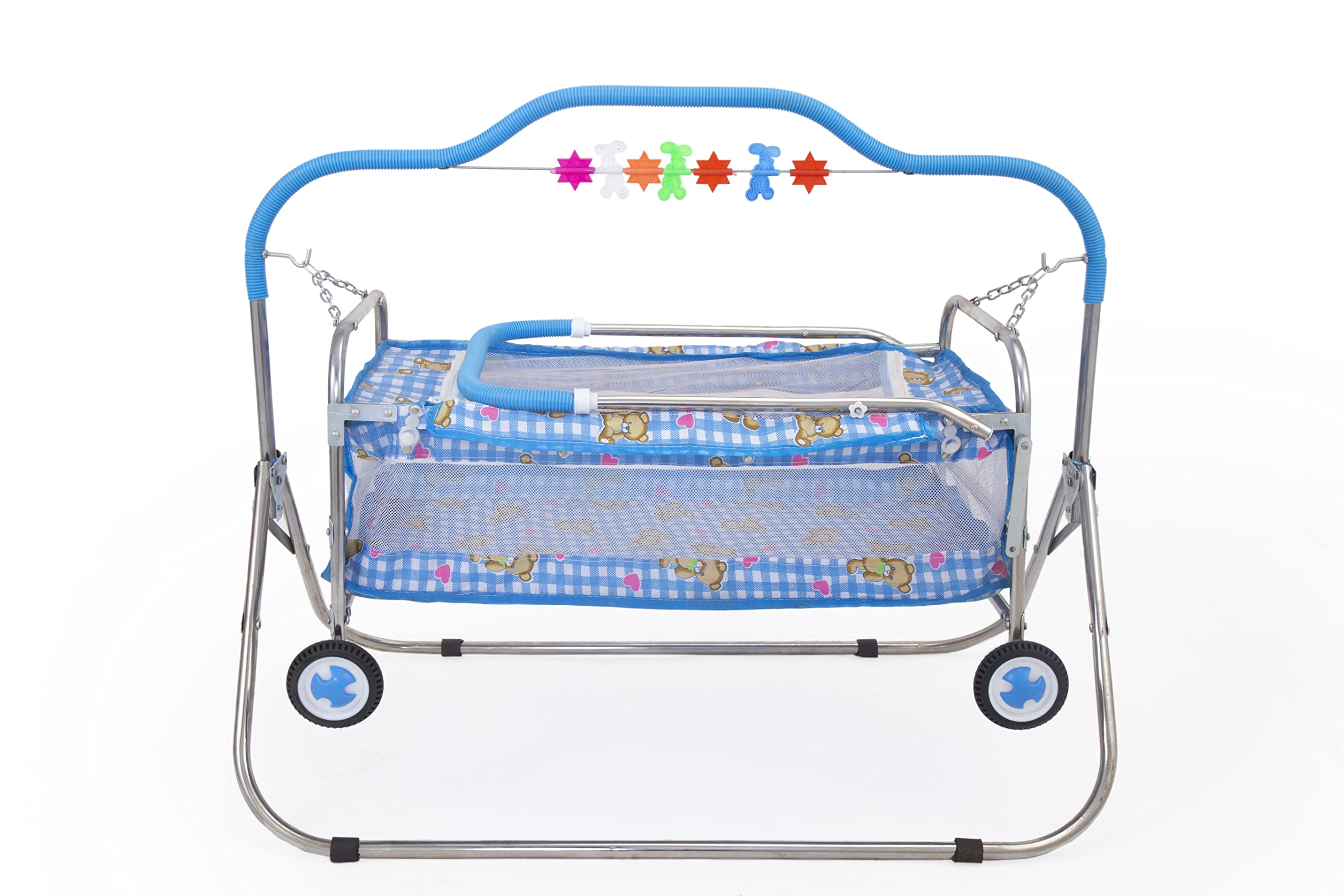 BABYBLESSING Baby Cradle with Swing and Mosquito Net | with 4 Wheels | Foldable & Movable | Sturdy and Safe | Durable | Jhulla | Palna | with Hanging Hammock | 0-15 Months | Sky Blue