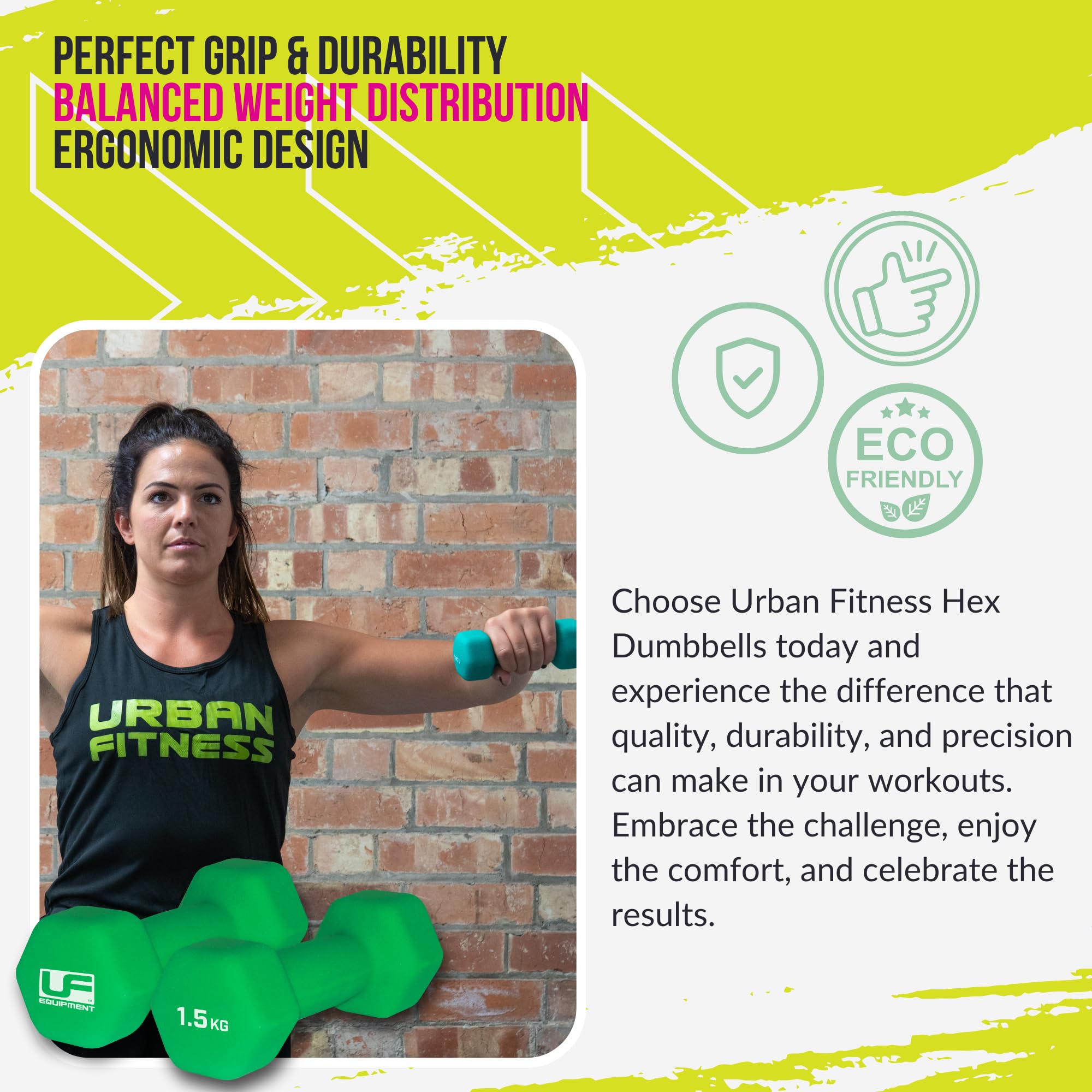 Urban Fitness neoprenowe pokryte sześciokątnymi hantlami fitness (para) zielone 2 x 1,5 kg