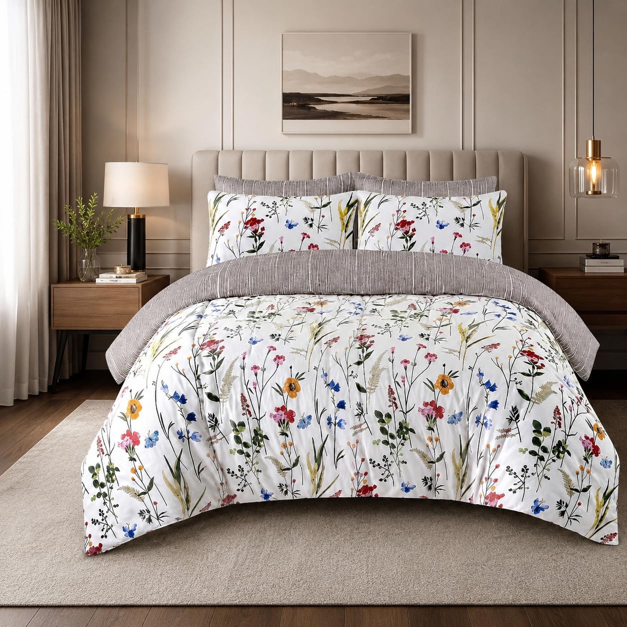 NightNest Printed Duvet Cover Set – Reversible Quilt Cover with 2 Pillowcases, Soft Breathable Microfibre Bedding Set, White Floral Modern Design Machine Washable