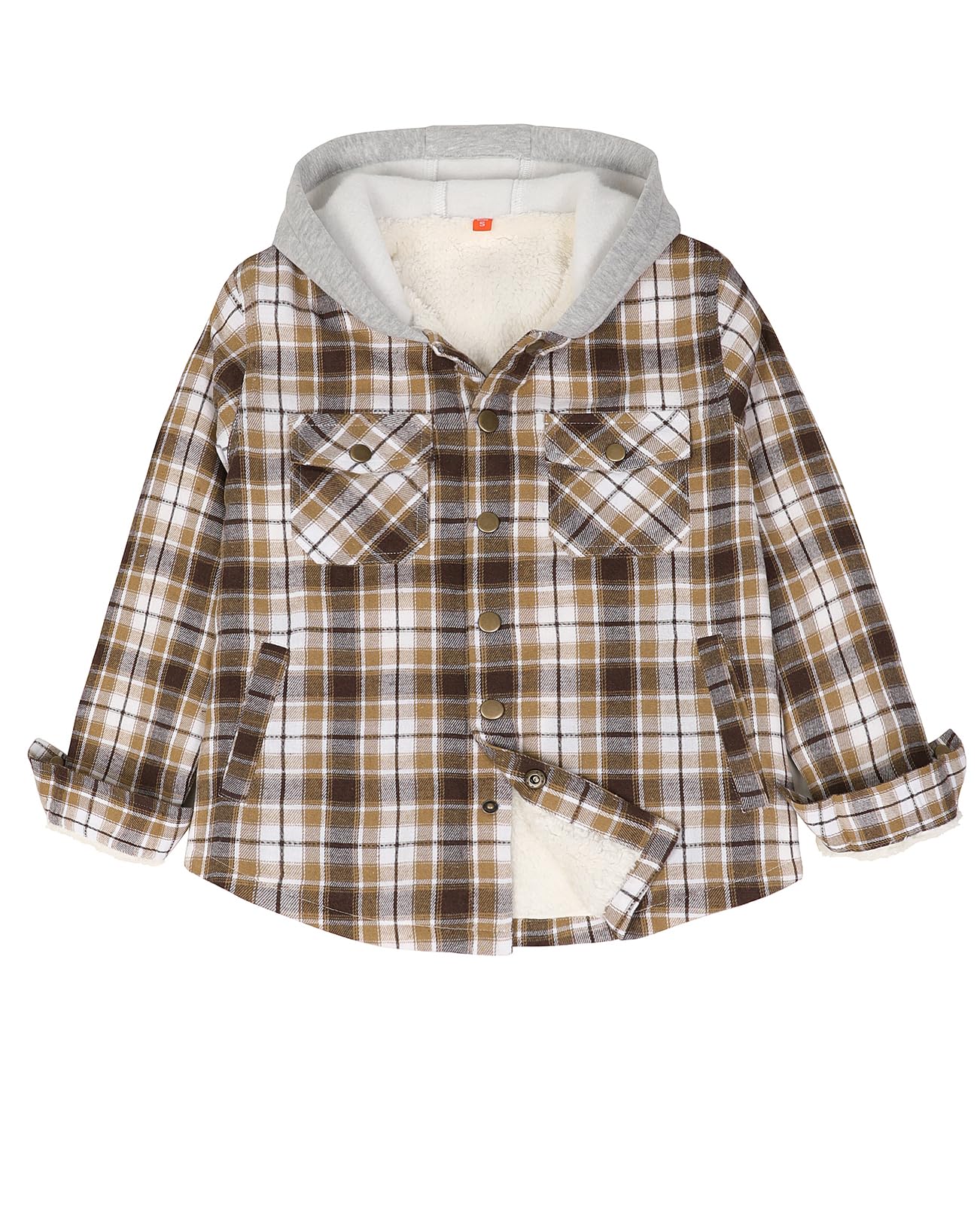 ZENTHACE Kids Boys Girls Sherpa Lined Flannel Shacket Jacket,Hooded Plaid Snap Shirt,Fall Winter Playwear